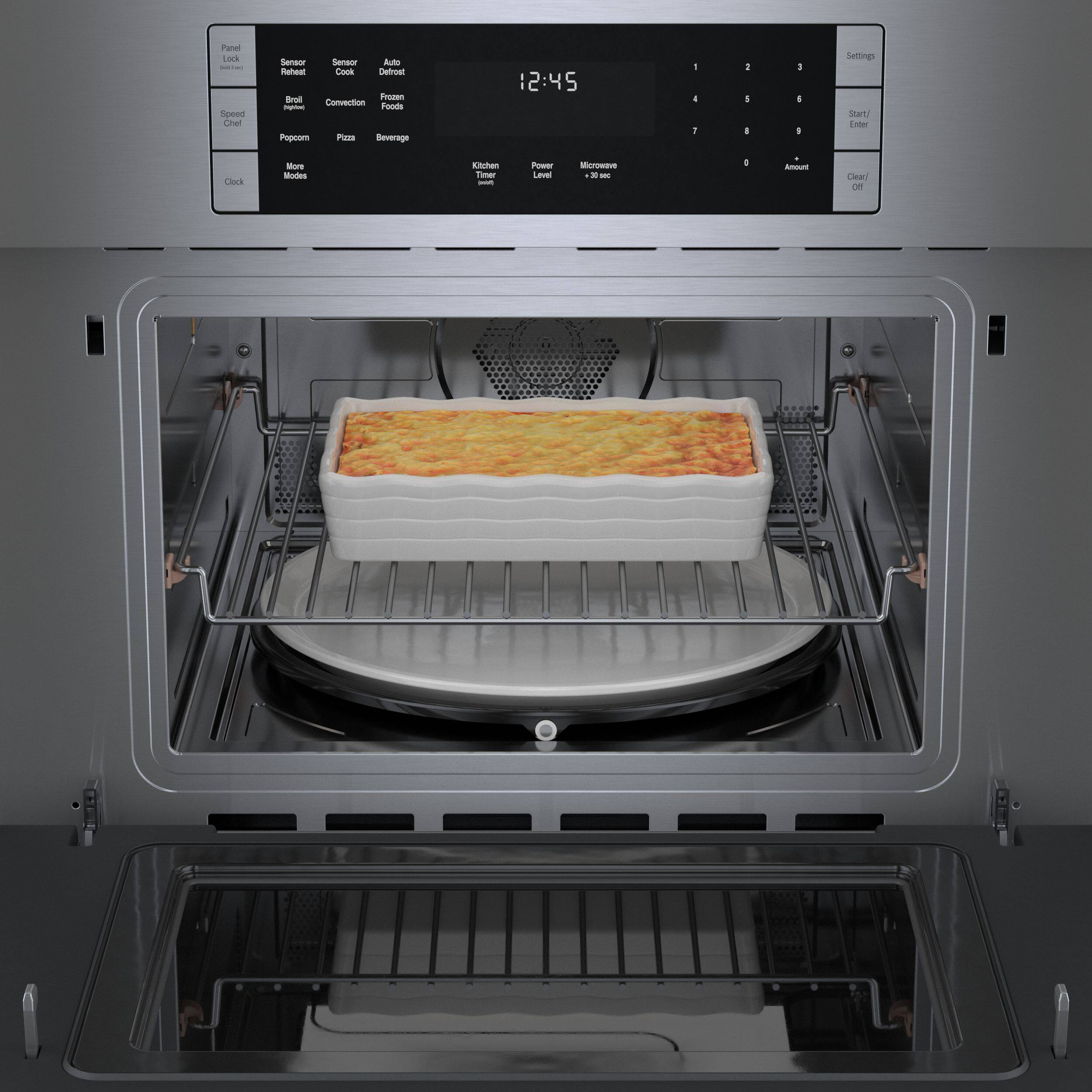 Sure, here is the corrected and grouped text from the image:
**Top Left:**
- Panel Lock
- Sensor Lock
- Sensor Reheat
- Sensor Cook
- Auto Defrost
- Speed Chef
- Popcorn
- Pizza
- Beverage
- More Modes
**Top Center:**
- 12:45
**Top Right:**
- Settings
- Start/Enter
- +30 sec
- -30 sec
- Amount
- Clear/Off
**Bottom Left:**
- Kitchen Timer
- Power Level
**Bottom Center:**
- Clock
**Bottom Right:**
- (No text)