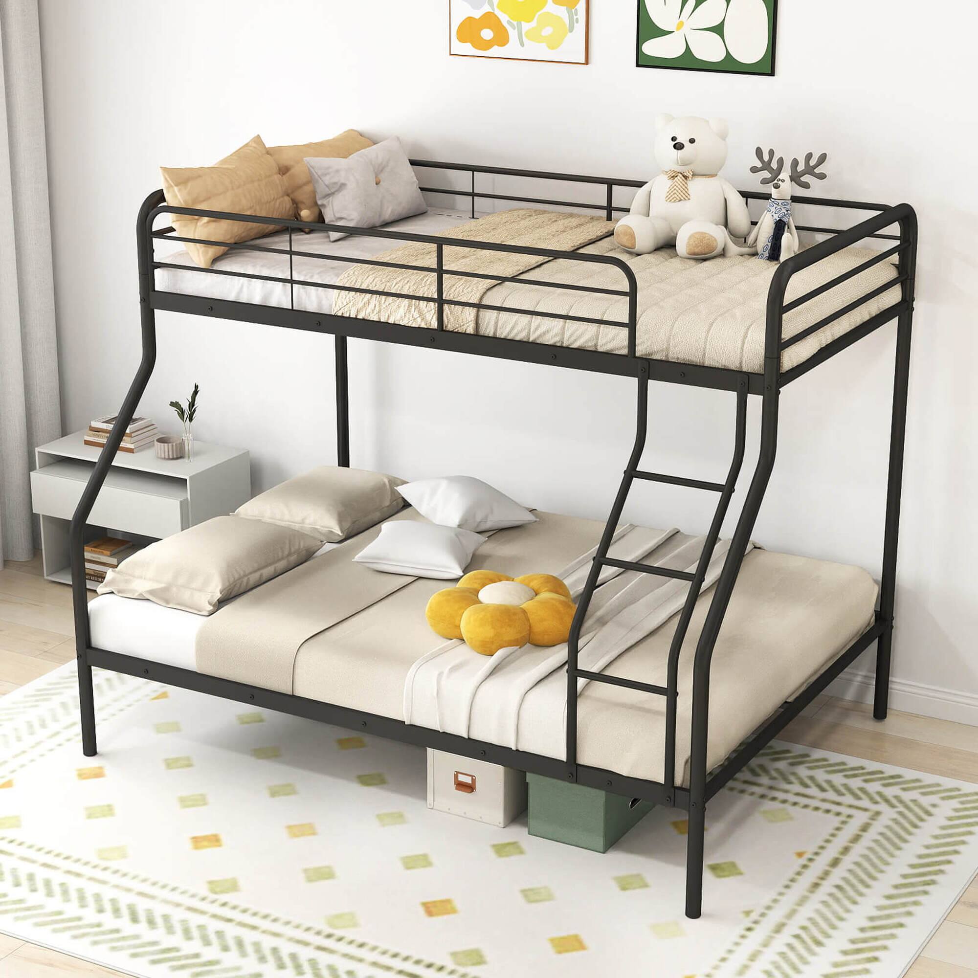 Angle. Costway - Twin over Full Metal Bunk Bed with Inclined Ladder Safety Guardrail, Slat Support - Black.