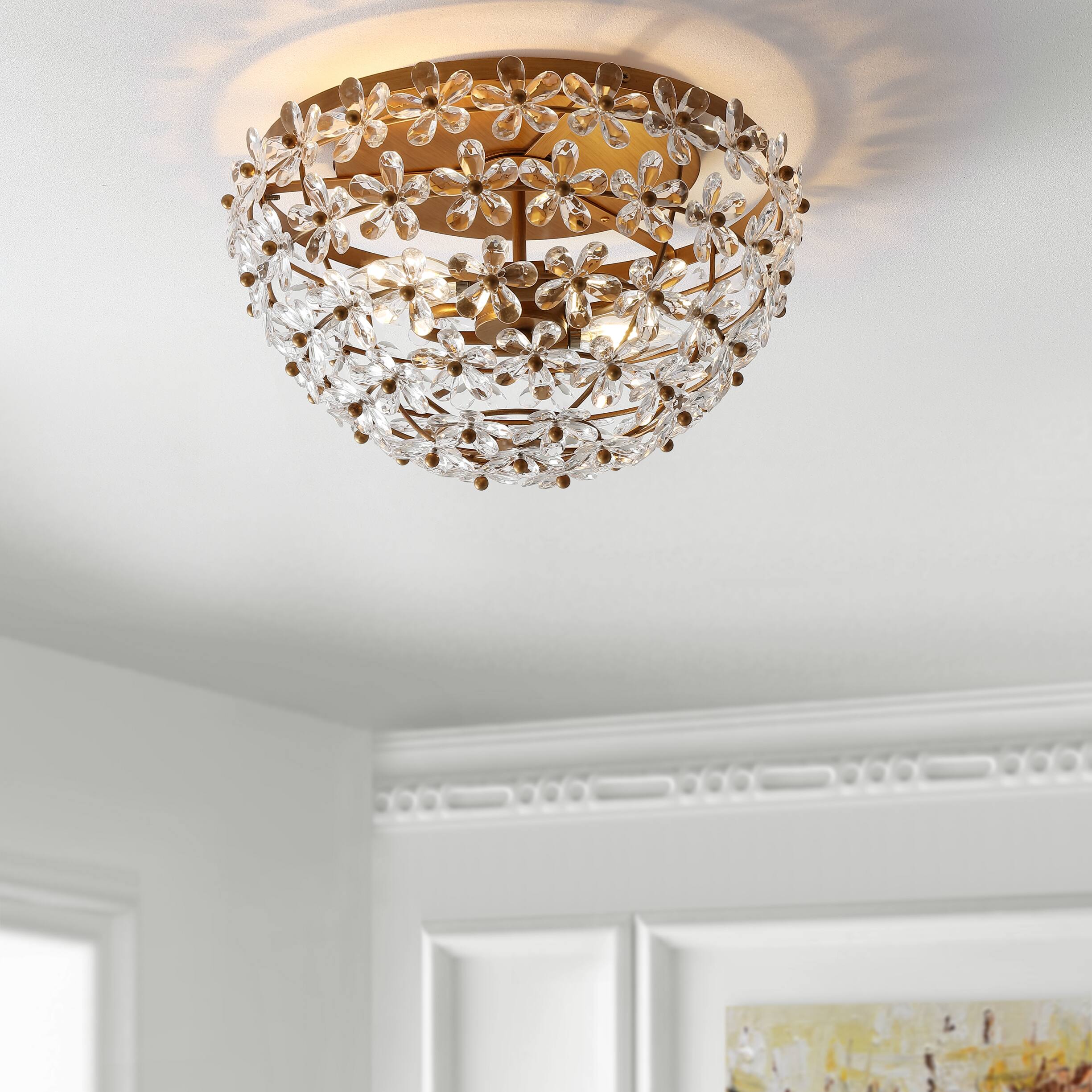 Alt View 1. Jonathan Y - Isabelle 15.5" 2-Light Modern Glam Metal Dome LED Flush Mount with Crystal Flower Accents, Antique Gold/Clear - Antique Gold.