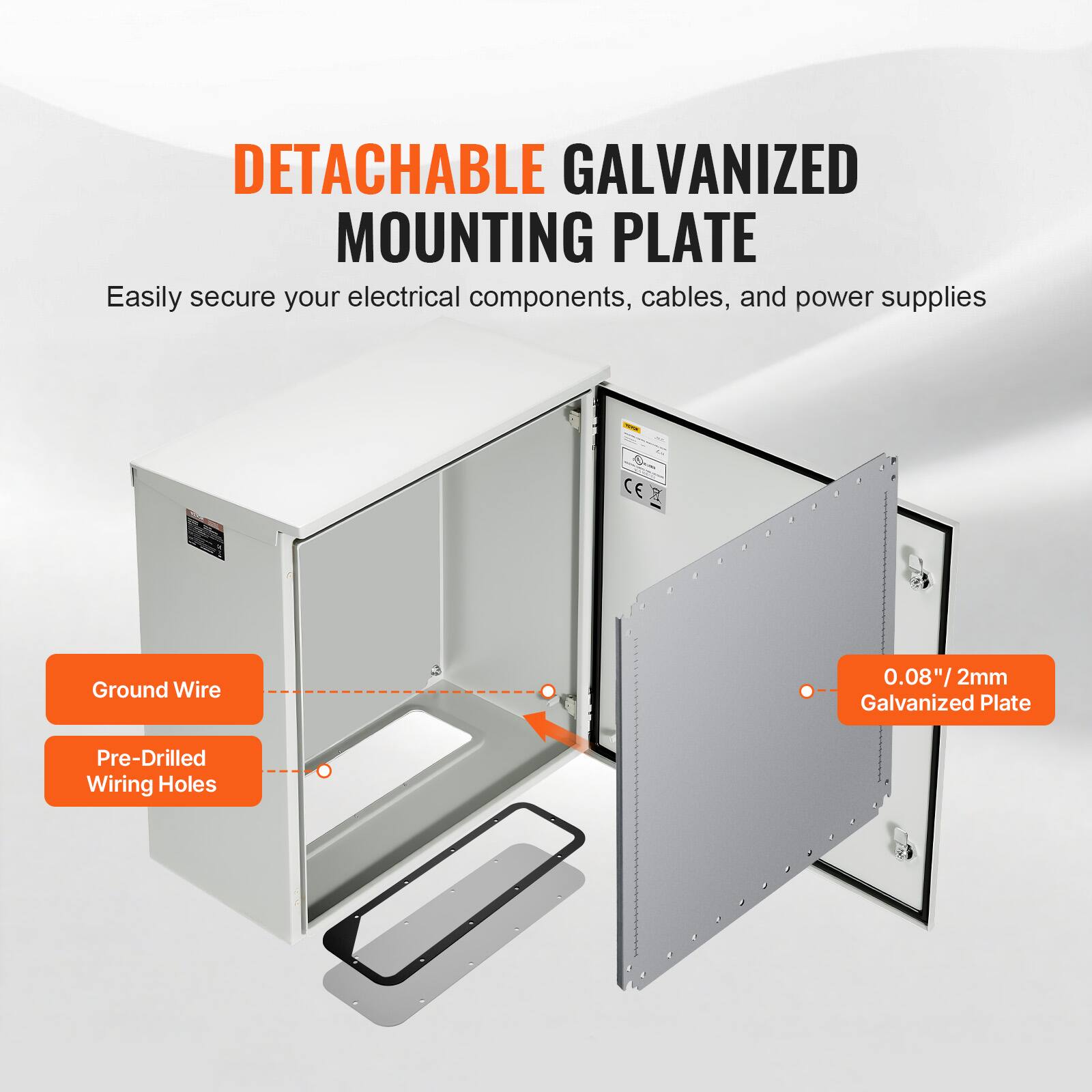 DETACHABLE GALVANIZED MOUNTING PLATE

Easily secure your electrical components, cables, and power supplies

- Ground Wire
- Pre-Drilled Wiring Holes
- 0.08"/2mm Galvanized Plate
