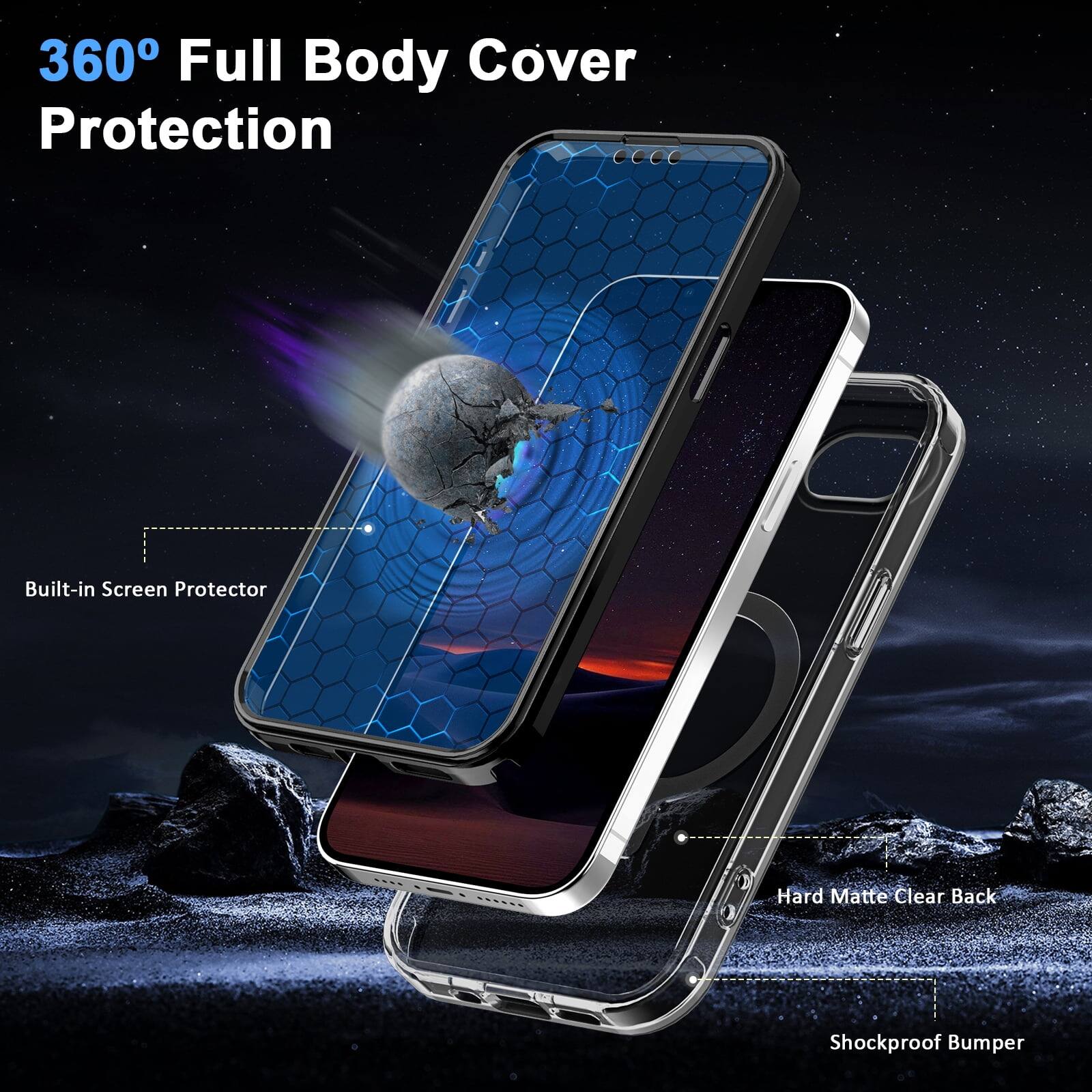 360° Full Body Cover Protection

- Built-in Screen Protector
- Hard Matte Clear Back
- Shockproof Bumper