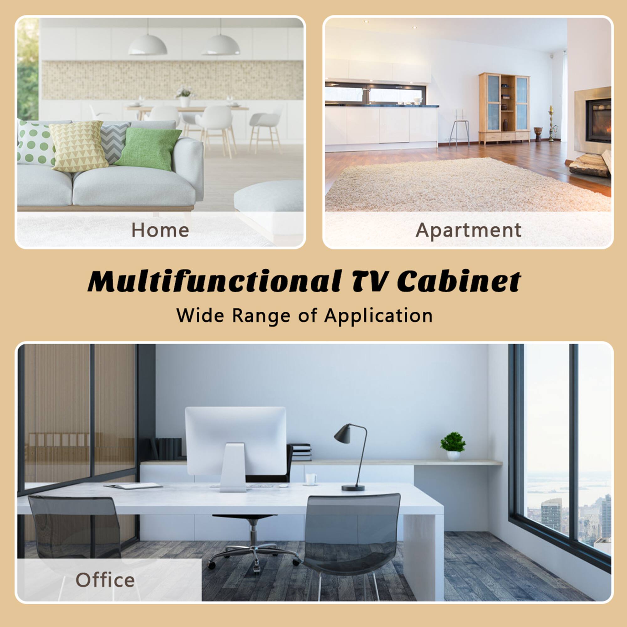 Home, Apartment, and Office are grouped together as "Multifunctional TV Cabinet." The text "Wide Range of Application" is also included in the group.