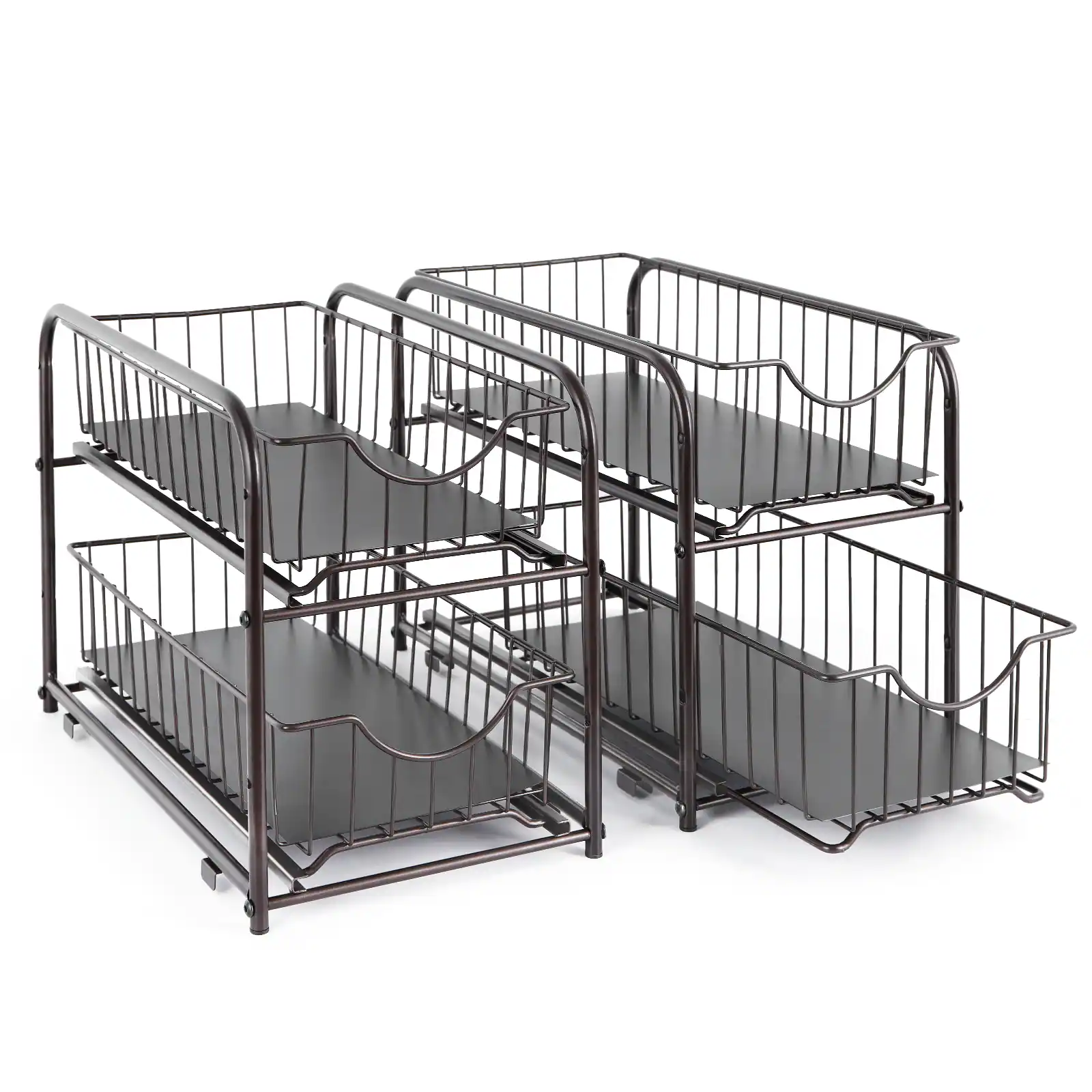 Front. Oumilen - 2 Pack Brown Metal Wire Storage Drawer Baskets, 2-Tier Pull Out Sliding Organizer Rack for Kitchen Cabinet Countertop - Brown.