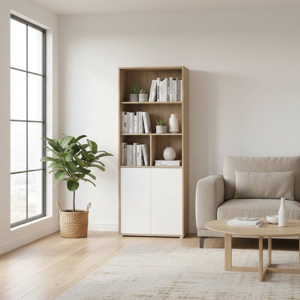 Left. FurniFact - 6-Shelf Bookcase with 2 Doors for Home Office or Living Room - Brown.