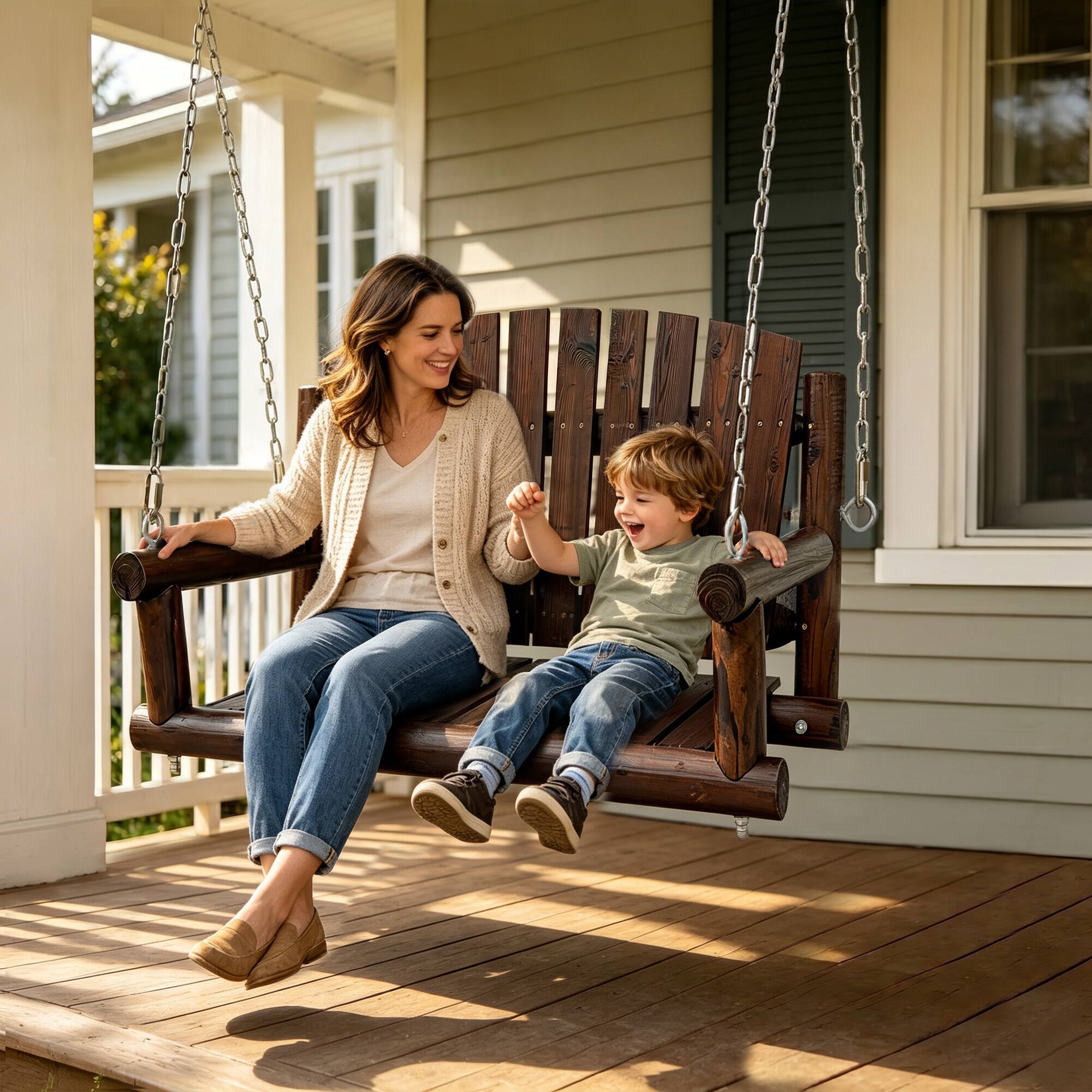 Angle. Fortune Candy - 4 FT Rustic Fir Wood Porch Swing, Handcrafted Outdoor Hanging Bench, Heavy-Duty 900lbs for Patio Garden - Deep Brown.