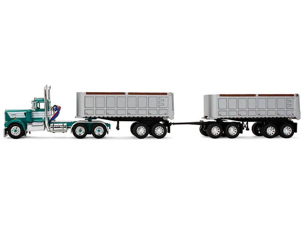 Alt View 2. First Gear - Kenworth W900A Day Cab with 22' Dual End Dump Trailers Turquoise with White Stripes 1/64 Diecast Model by DCP/First Gear.