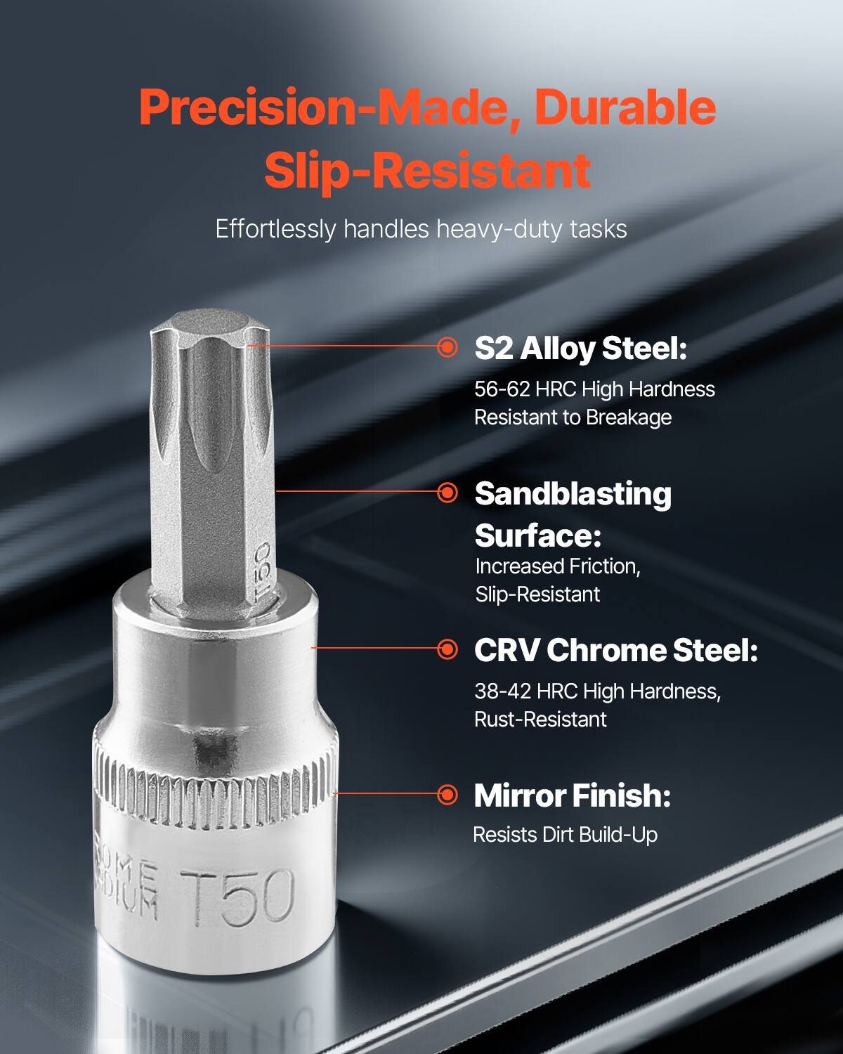 Precision-Made, Durable Slip-Resistant

Effortlessly handles heavy-duty tasks

- S2 Alloy Steel:
  - 56-62 HRC High Hardness
  - Resistant to Breakage

- Sandblasting Surface:
  - Increased Friction
  - Slip-Resistant

- CRV Chrome Steel:
  - 38-42 HRC High Hardness
  - Rust-Resistant

- Mirror Finish:
  - Resists Dirt Build-Up