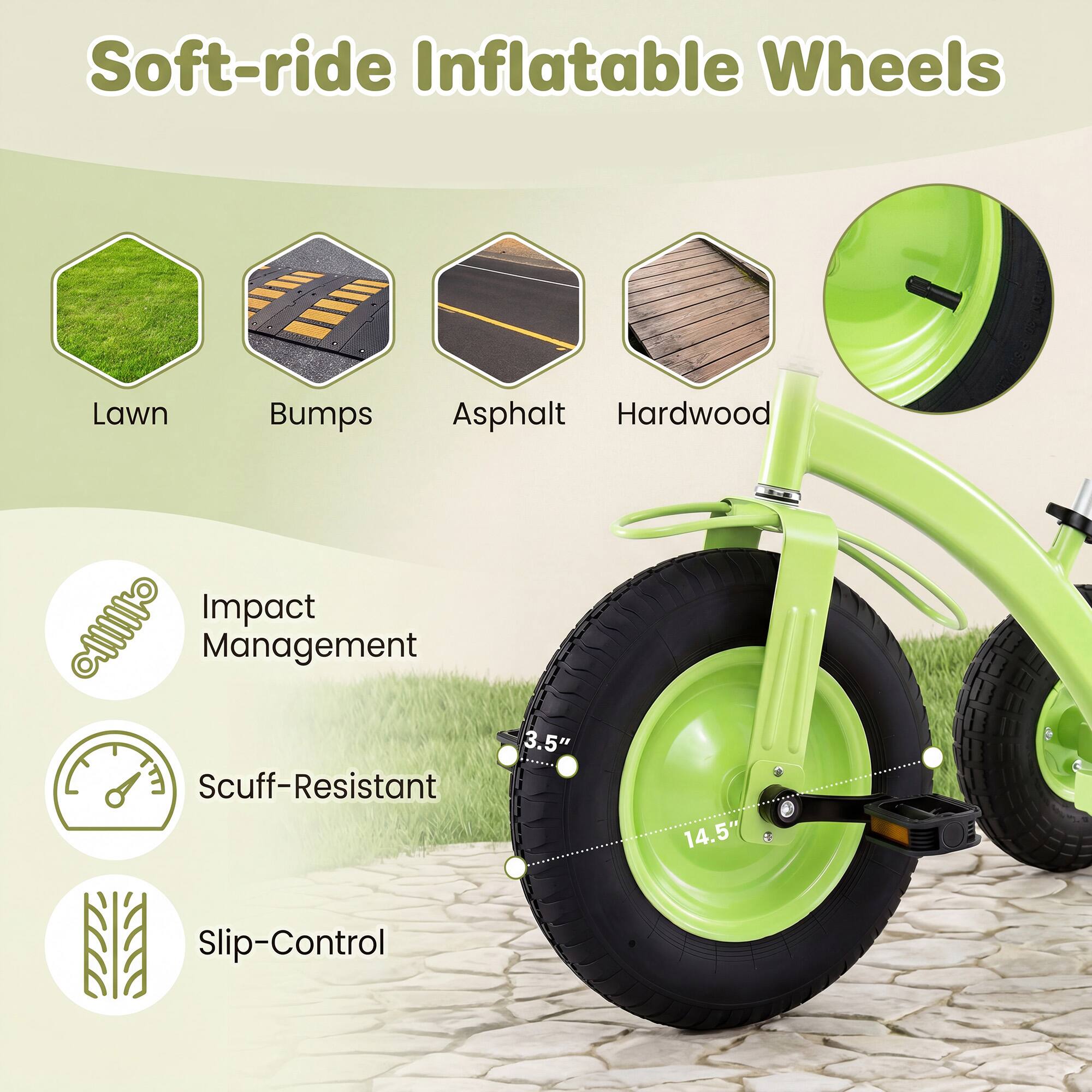 Soft-ride Inflatable Wheels

Lawn Bumps Asphalt Hardwood Impact Management 3.5" Scuff-Resistant 14.5" Slip-Control