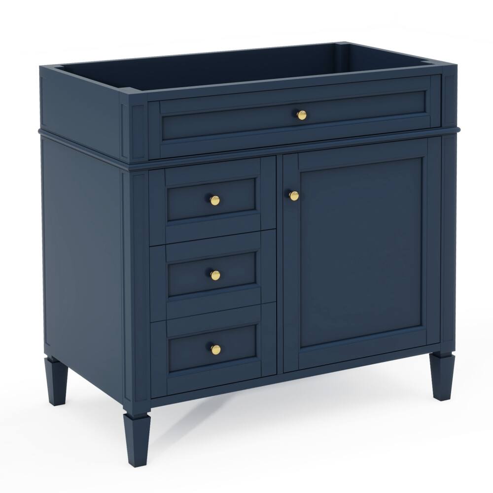Left. Loheer - Loheer 36 inch bathroom vanity without top, Blue Solid Wood Frame, 2 Drawers & Tip-out Drawer - Blue.
