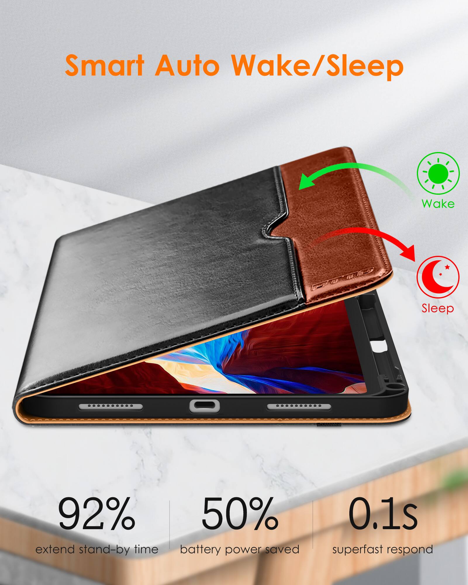Smart Auto Wake/Sleep

- 92% extend stand-by time
- 50% battery power saved
- 0.1s superfast respond

Wake
Sleep