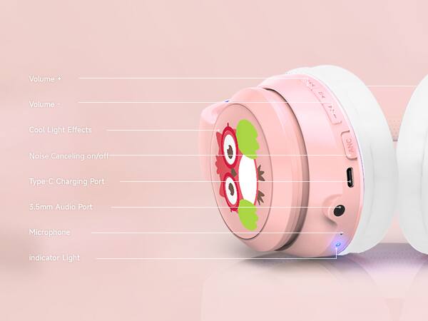 - Volume +
- Volume -
- Cool Light Effects
- Noise Canceling on/off
- Type-C Charging Port
- 3.5mm Audio Port
- Microphone
- Indicator Light