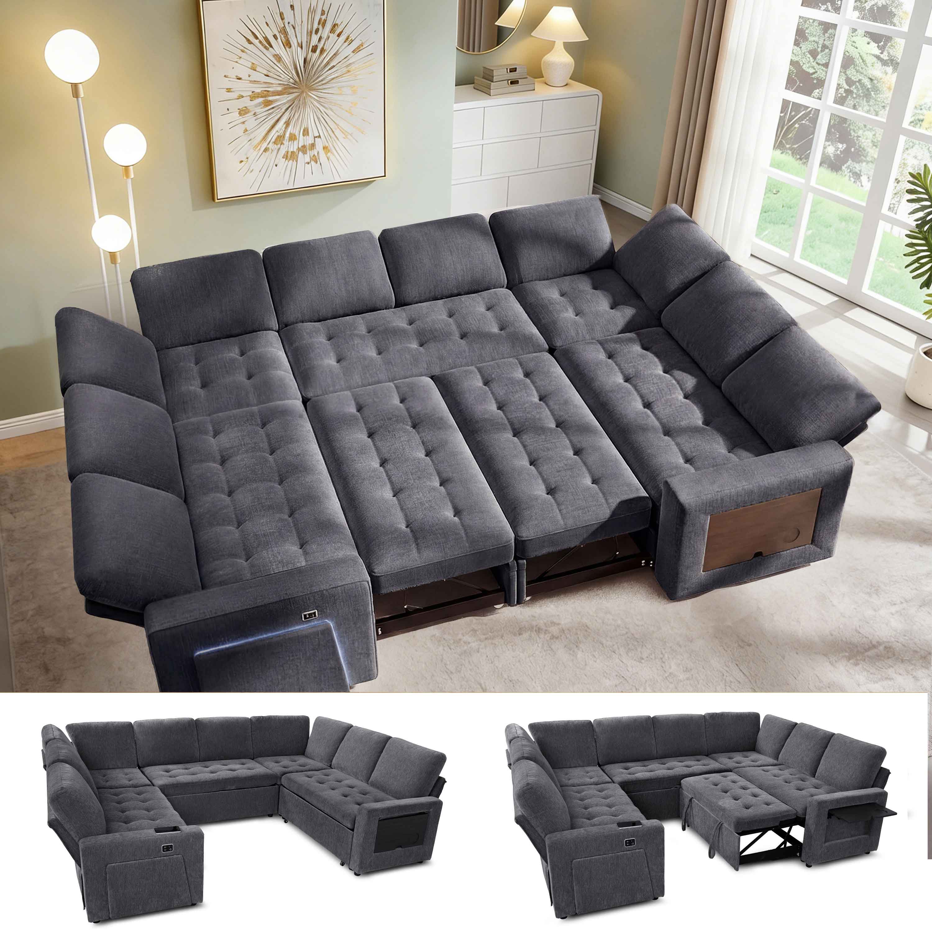 Front. Vipbear - Vipbear 8 Seat Modular Sectional Sleeper Sofa,Pull-Out Bed, Reclining Backrest, USB Ports, Side Table, Gary - Gray.