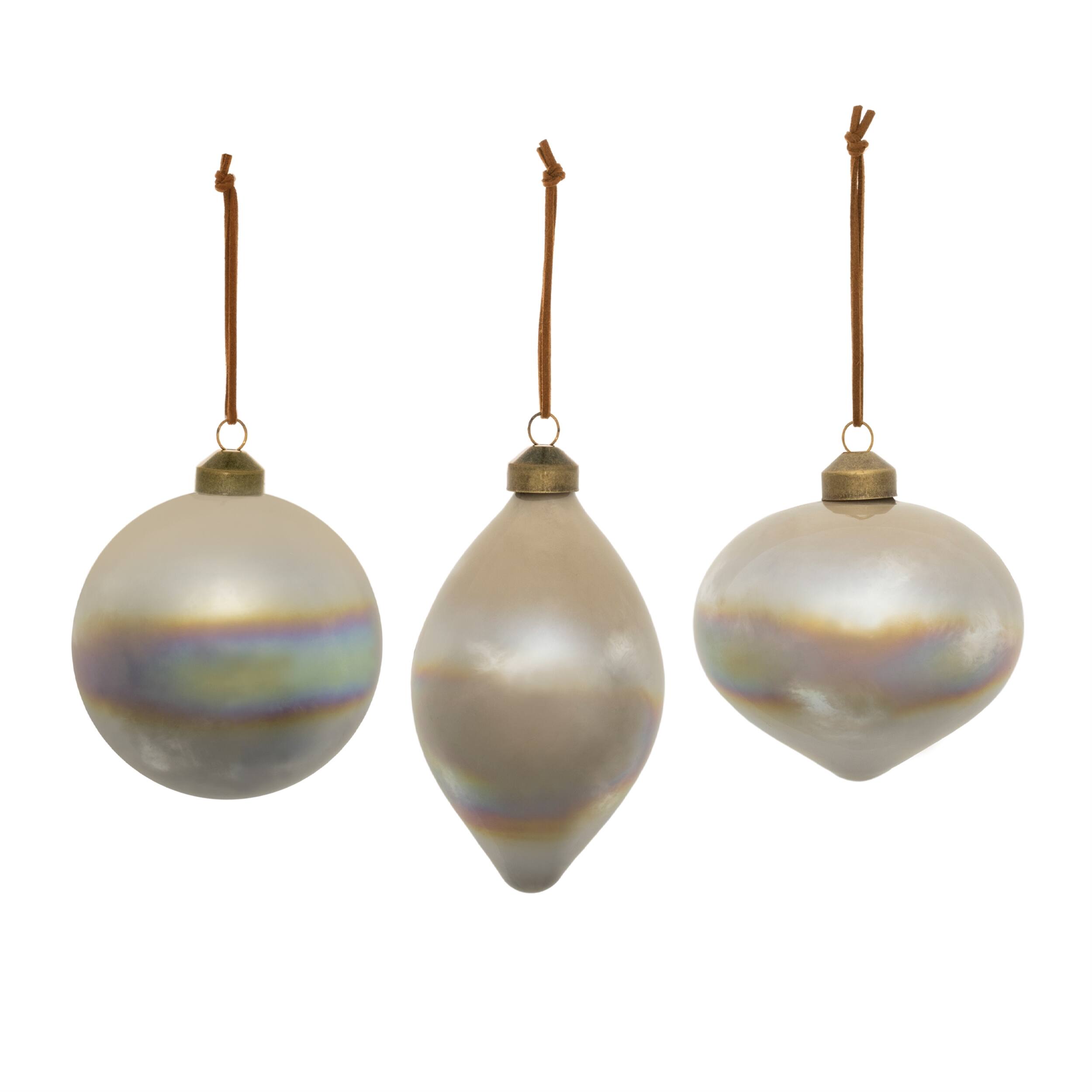Angle. BreeBe - Cloudy Iridescent Glass Ornament (Set of 6) - Beige, Gray.