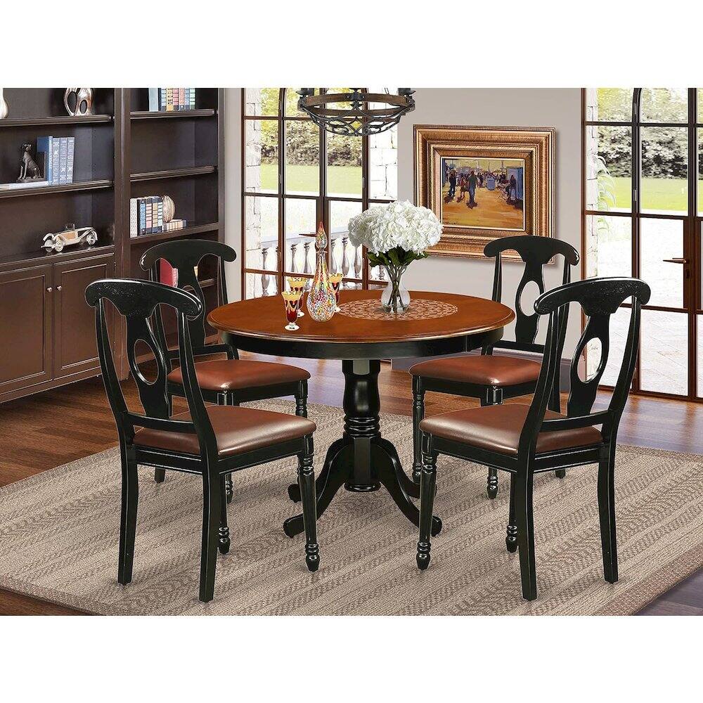Back. East West Furniture - 5 Pc set with a Round Kitchen Table and 4 Leather Dinette Chairs in Linen White - Black.