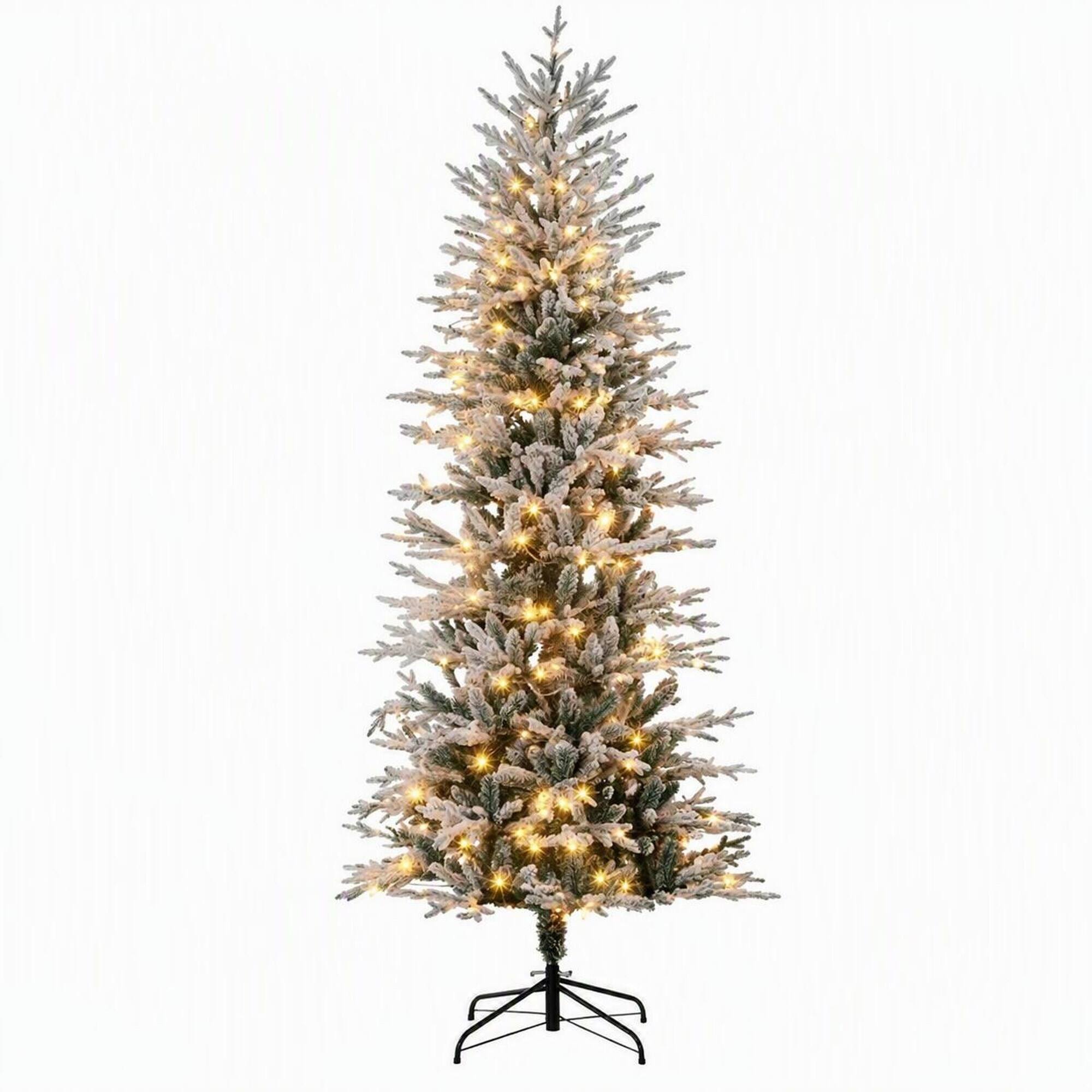 Front. RYHNUYNE - Pre-Lit Artificial Flocked Christmas Tree, Snow Branches Warm Yellow Lights Auto-Open Design Dense Realistic Foliage - Green.