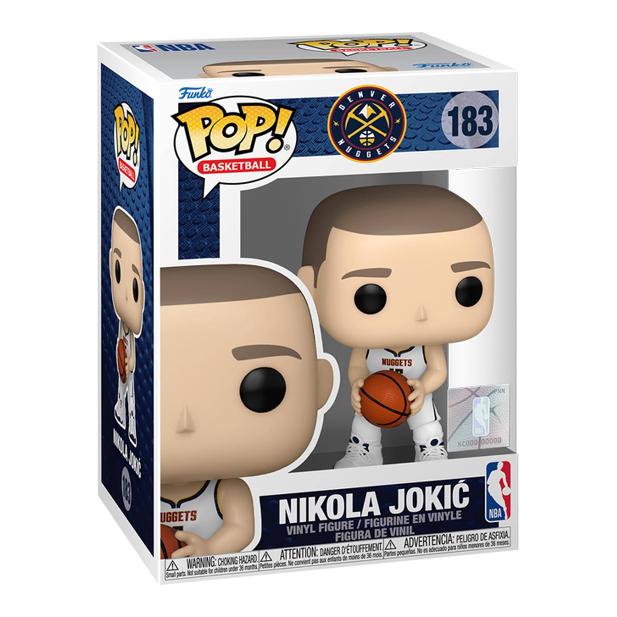NBA  
Funko  
POP!  
BASKETBALL  

DENVER NUGGETS  
183  

NIKOLA JOKIC  
VINYL FIGURE / FIGURINE EN VINYLE / FIGURA DE VINIL  

WARNING: CHOKING HAZARD - Small parts. Not for children under 3 years.  
ATTENTION: PELIGRO DE AHOGAMIENTO - Piezas pequeñas. No es adecuado para menores de 3 años.  
ADVERTENCIA: PEQUEÑAS PIEZAS - Peligro de asfixia. No adecuado para menores de 3 años.