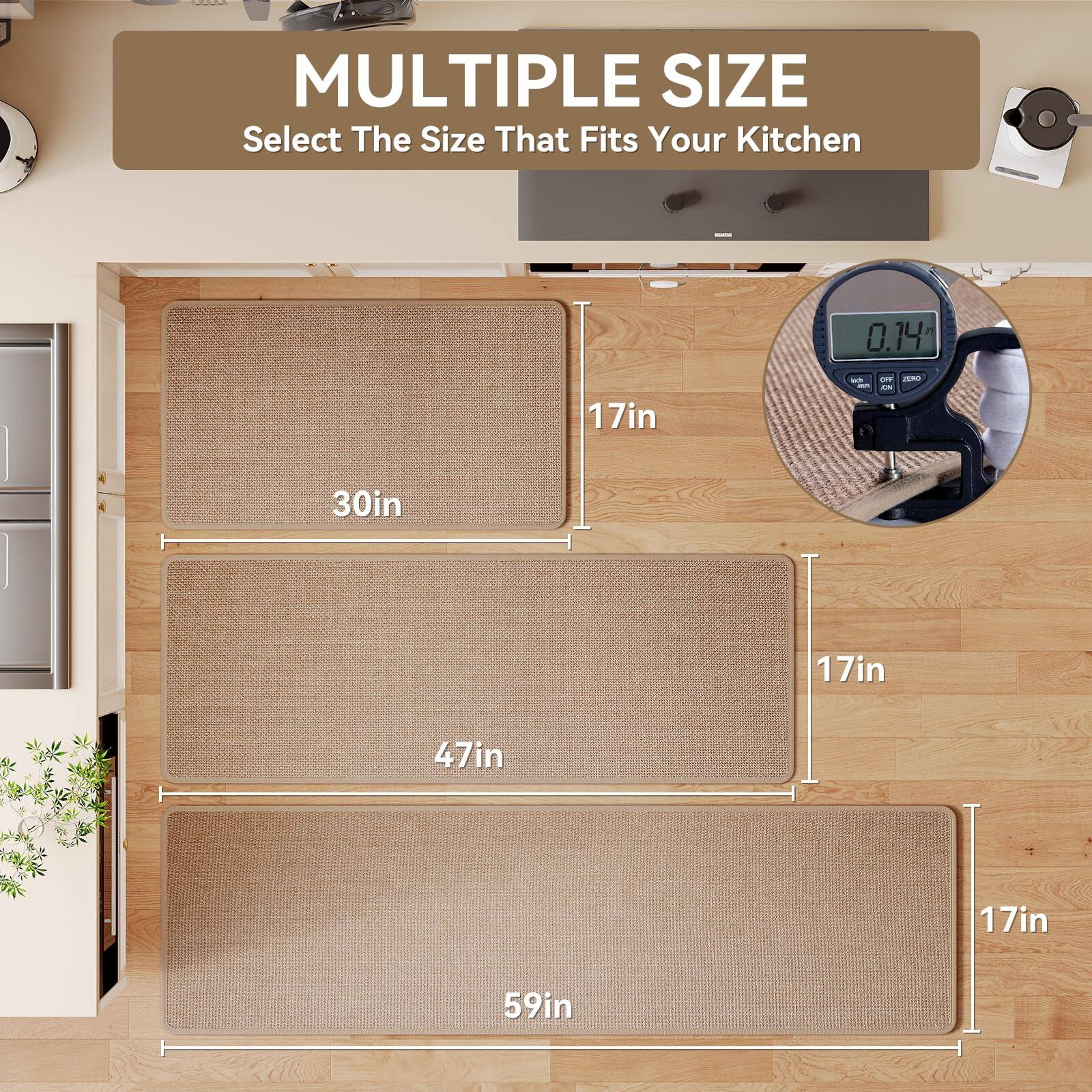 MULTIPLE SIZE  
Select The Size That Fits Your Kitchen  

0.14"  
17in x 30in  
17in x 47in  
17in x 59in