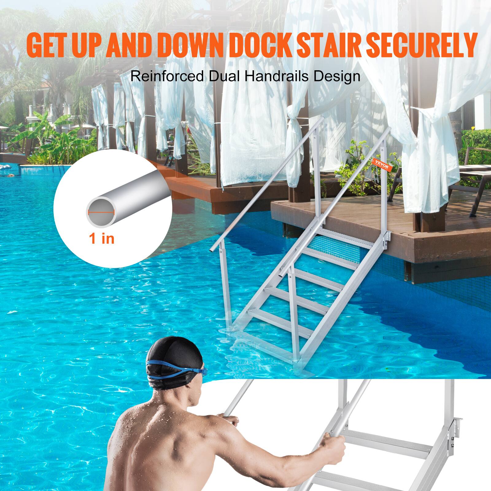 GET UP AND DOWN DOCK STAIR SECURELY  
Reinforced Dual Handrails Design  
1 in
