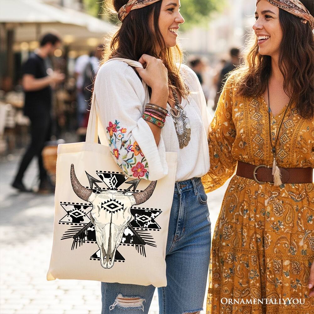 Left. OrnamentallyYou - Aztec Tribal Bull Skull Canvas Tote Bag, Western Boho Gift Shopper - Beige.