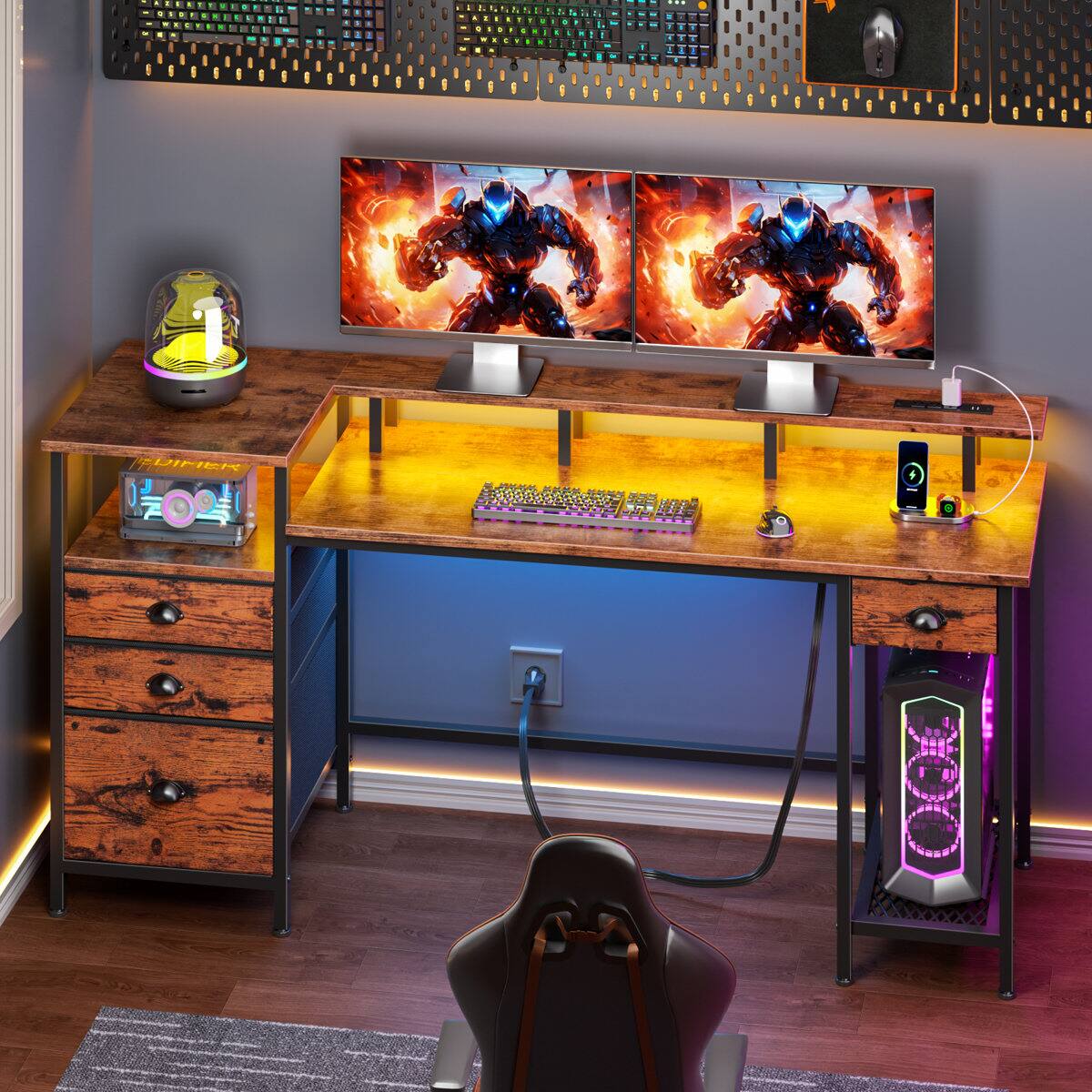 Alt View 1. Furnulem - Gaming Desk with LED Lights Power Outlets  Monitor Stand Home Office Desk with 3 Fabric Drawers  1 File Cabinet - Brown.