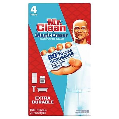 4 PADS  
Mr. Clean MagicEraser  
MULTI-PURPOSE CLEANER  

80% LESS SCRUBBING  
FOR TOUGH MESSES  

EXTRA DURABLE  

117 g (4.6 oz) EACH  
18 cm (7.0 in)  

4 PADS  
117 g x 4 = 468 g (16.5 oz)  

1406157651804  
468230700064