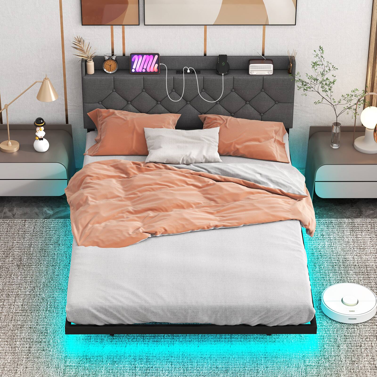 Alt View 5. LUCKY ONE - Full/Queen Assembled Floating Bed Frame with LED Lights Headboard Charging Station 8" Clearance - Grey-Full.