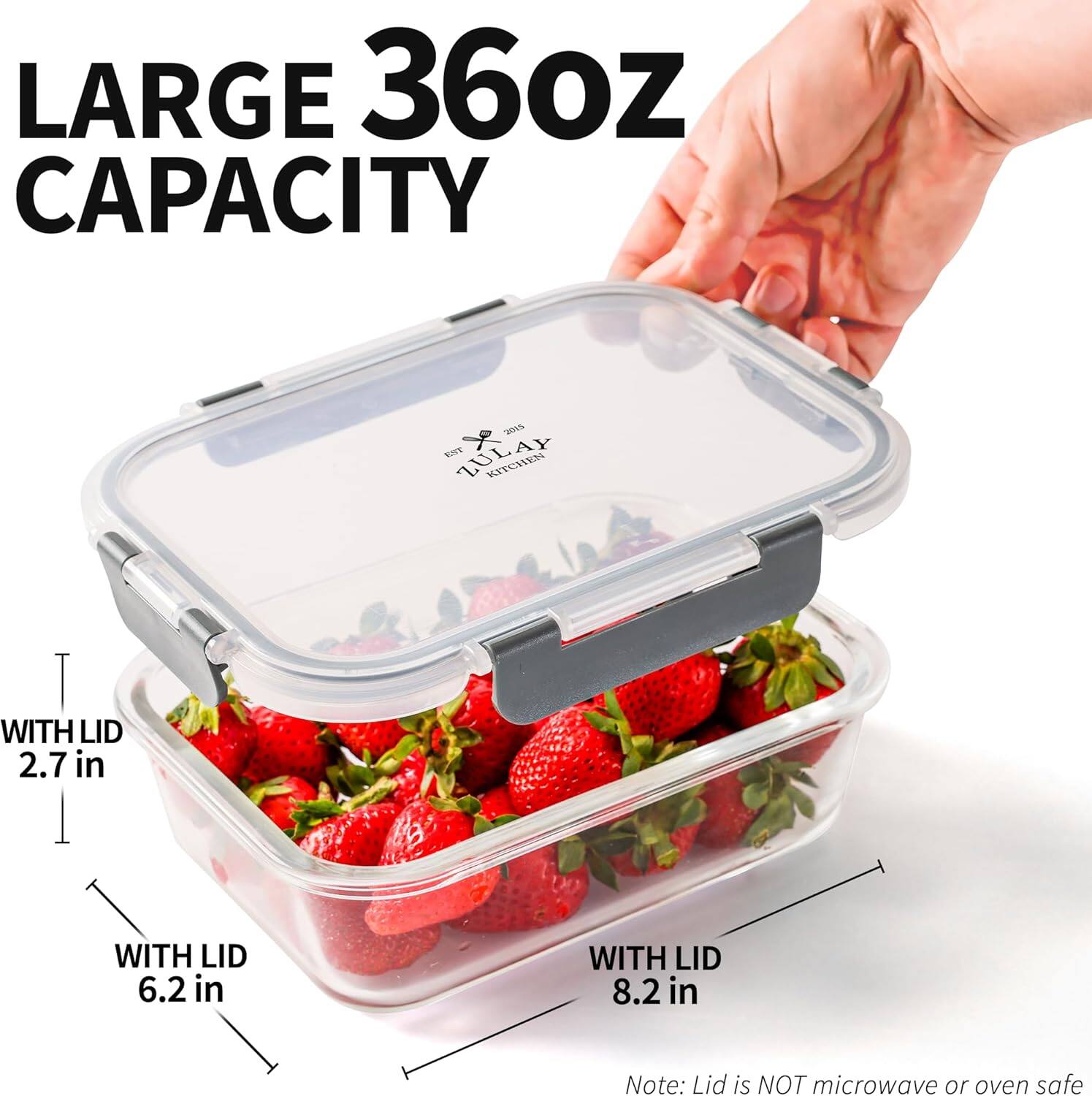 LARGE 36OZ CAPACITY

WITH LID 2.7 in

WITH LID 6.2 in

WITH LID 8.2 in

Note: Lid is NOT microwave or oven safe