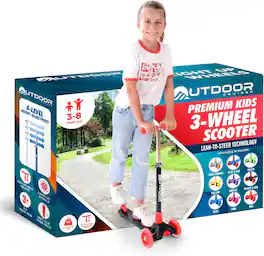 Outdoor Cruiser - 3-Wheel Scooter – LED Wheels, 4-Level Adjustable Handle, for Kids Ages 3-8 - Black & Red