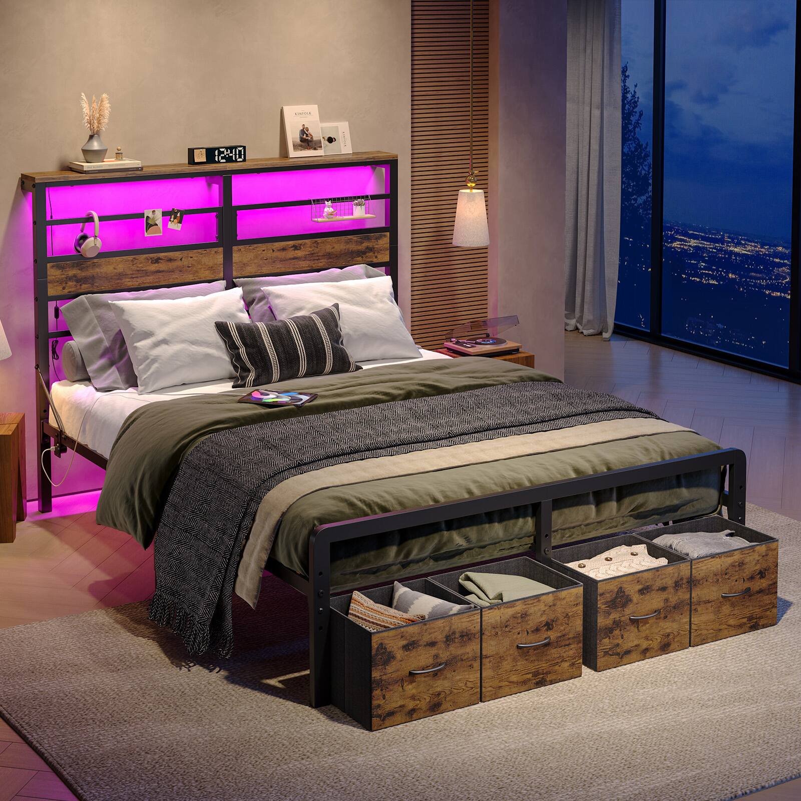 Left. Pinmoco - Pinmoco - LED Storage Bed Platform Bed Frame with 2/3 Drawers Charging Station and Adjustable Height - Rustic Brown.