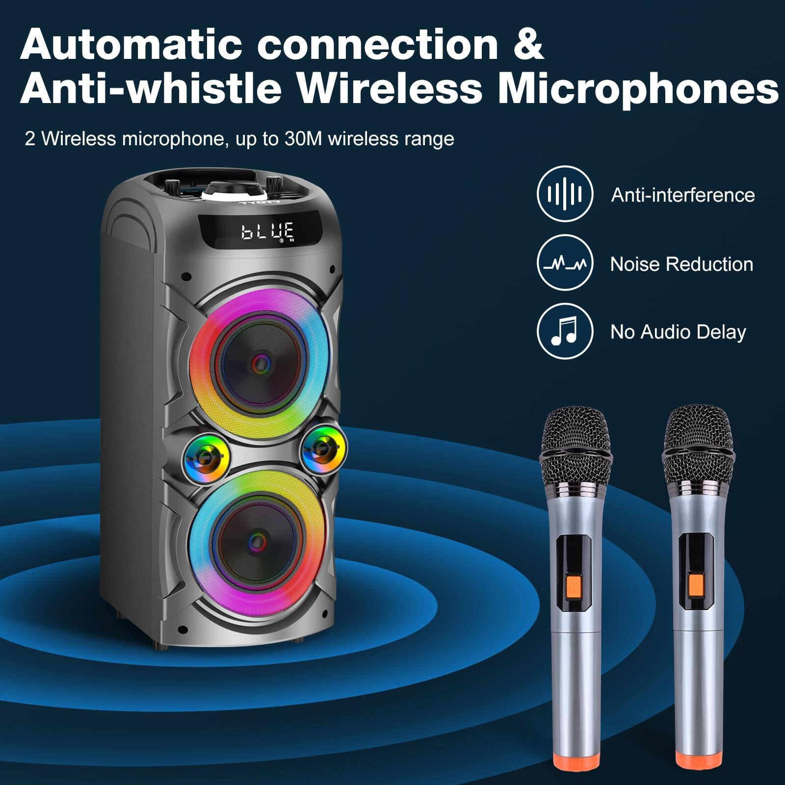 Automatic connection & Anti-whistle Wireless Microphones

2 Wireless microphone, up to 30M wireless range

- Anti-interference
- Noise Reduction
- No Audio Delay