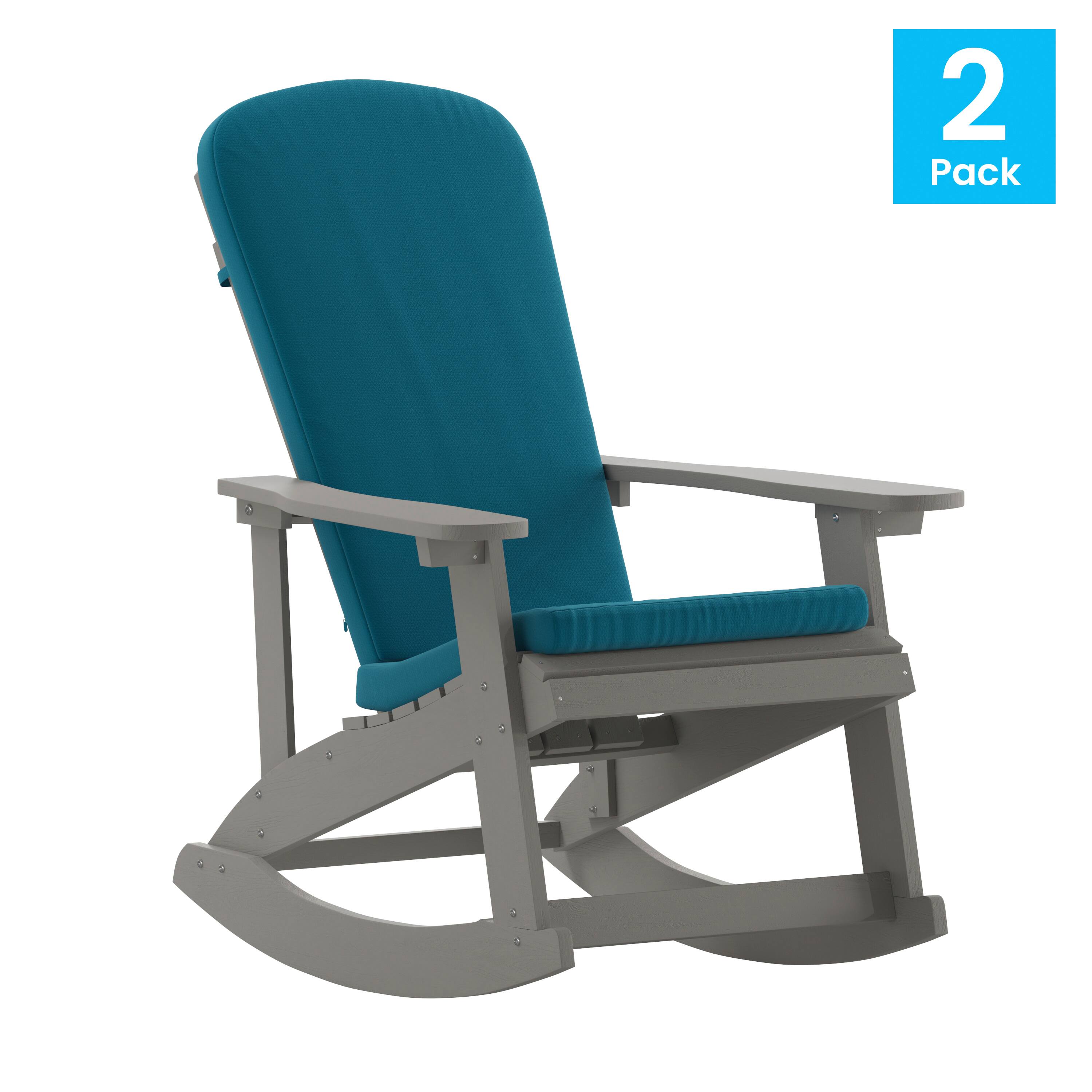 Alt View 1. Emma + Oliver - Marcy Set of 2 All-Weather Poly Resin Adirondack Rocking Chairs with Cushions - Teal Cushions/Gray Frame.