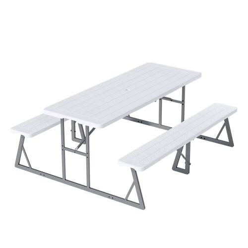Alt View 1. Winado - 6FT Plastic Picnic Table Set with Benches, Storage Shelf, Umbrella Hole for Indoor Outdoor Dining Party Garden Camping - White.