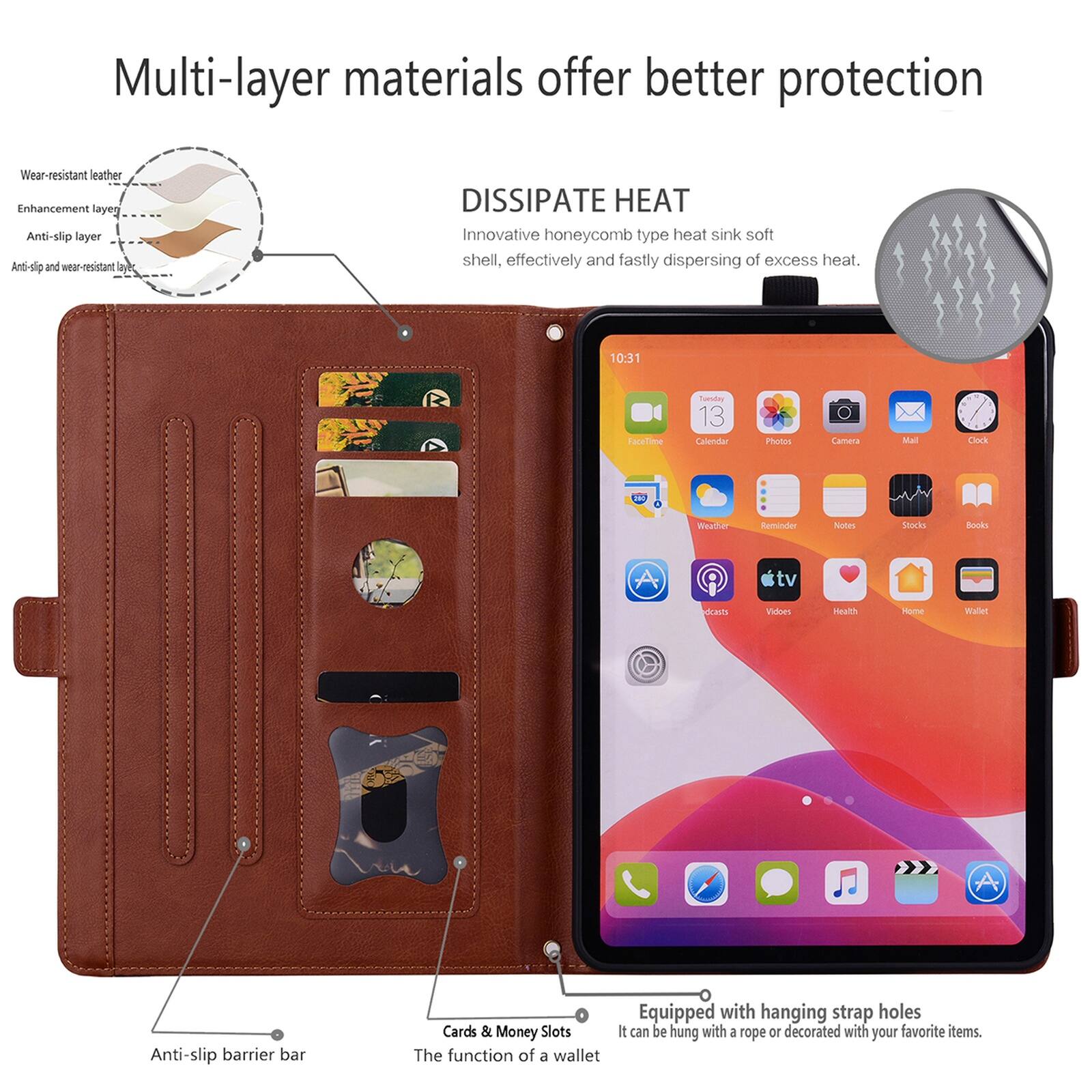 Multi-layer materials offer better protection. Wear-resistant leather, Enhancement layer, Anti-slip layer, Anti-slip and wear-resistant layers. DISSIPATE HEAT. Innovative honeycomb type heat sink soft shell, effectively and fastly dispersing of excess heat. 10:31 FaceTime NsAo 13 Calendar Photos Camera Mail Clock Weather Reminders Notes Stocks Books tv OCNt Videos Health Home Wallet. Anti-slip barrier bar. Cards & Money Slots. The function of a wallet. Equipped with hanging strap holes. It can be hung with a rope or decorated with your favorite items.