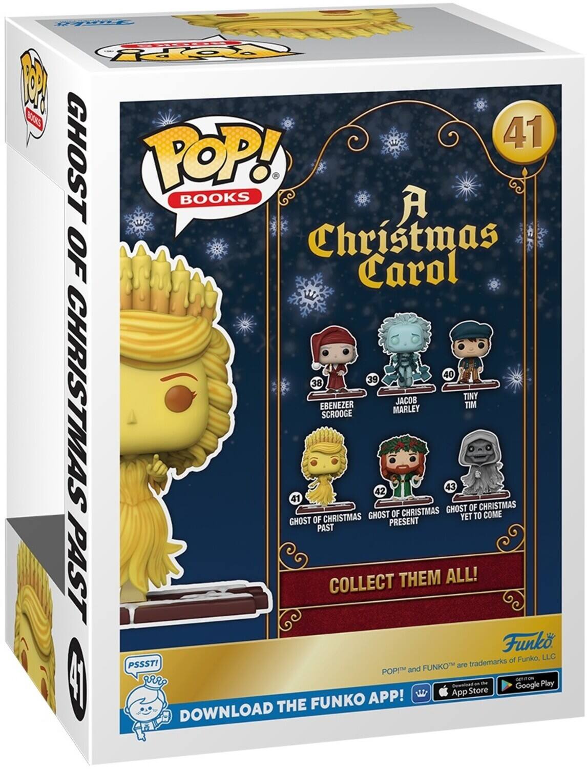 POP! BOOKS, A Christmas Carol, 41, 40, 39, 38, Ebenezer Scrooge, Jacob Marley, Tiny Tim, 42, 43, Ghost of Christmas Past, Ghost of Christmas Present, Ghost of Christmas Yet to Come, Collect Them All!, Funko, LLC, PSSST!, FUNKO, trademarks, POP! and FUNKO, App Store, Google Play, DOWNLOAD THE FUNKO APP!