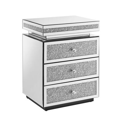 Front. Spaco - Spaco Mirrored Nightstand with 3 Drawers, Silver Nightstand with Crystal Inlay, Bedside Table, Glass Table for Bedroom - Silver.