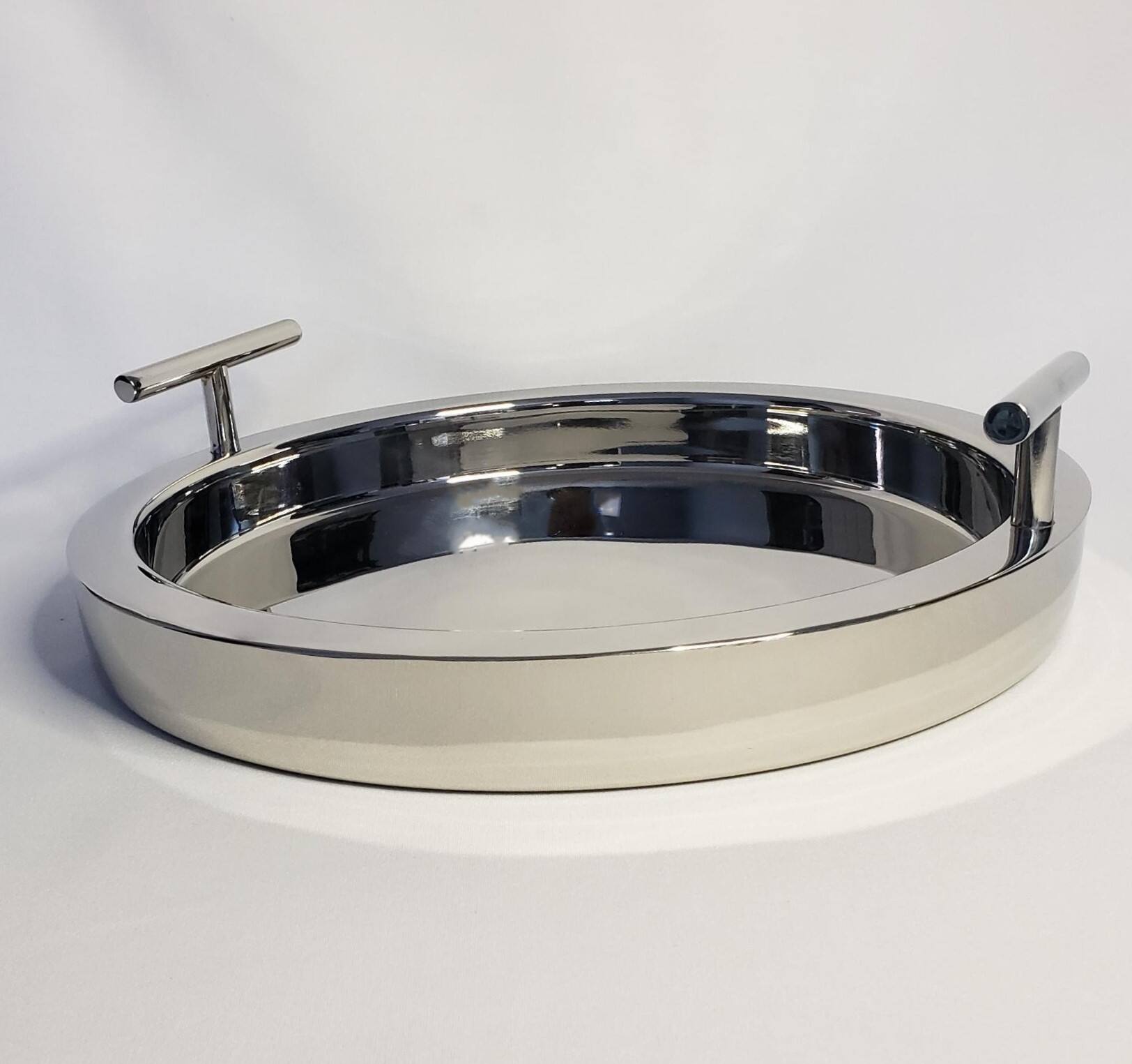 Front. Jiallo - Stainless Steel Silver Double wall tray with T handles 14" dia - Silver.