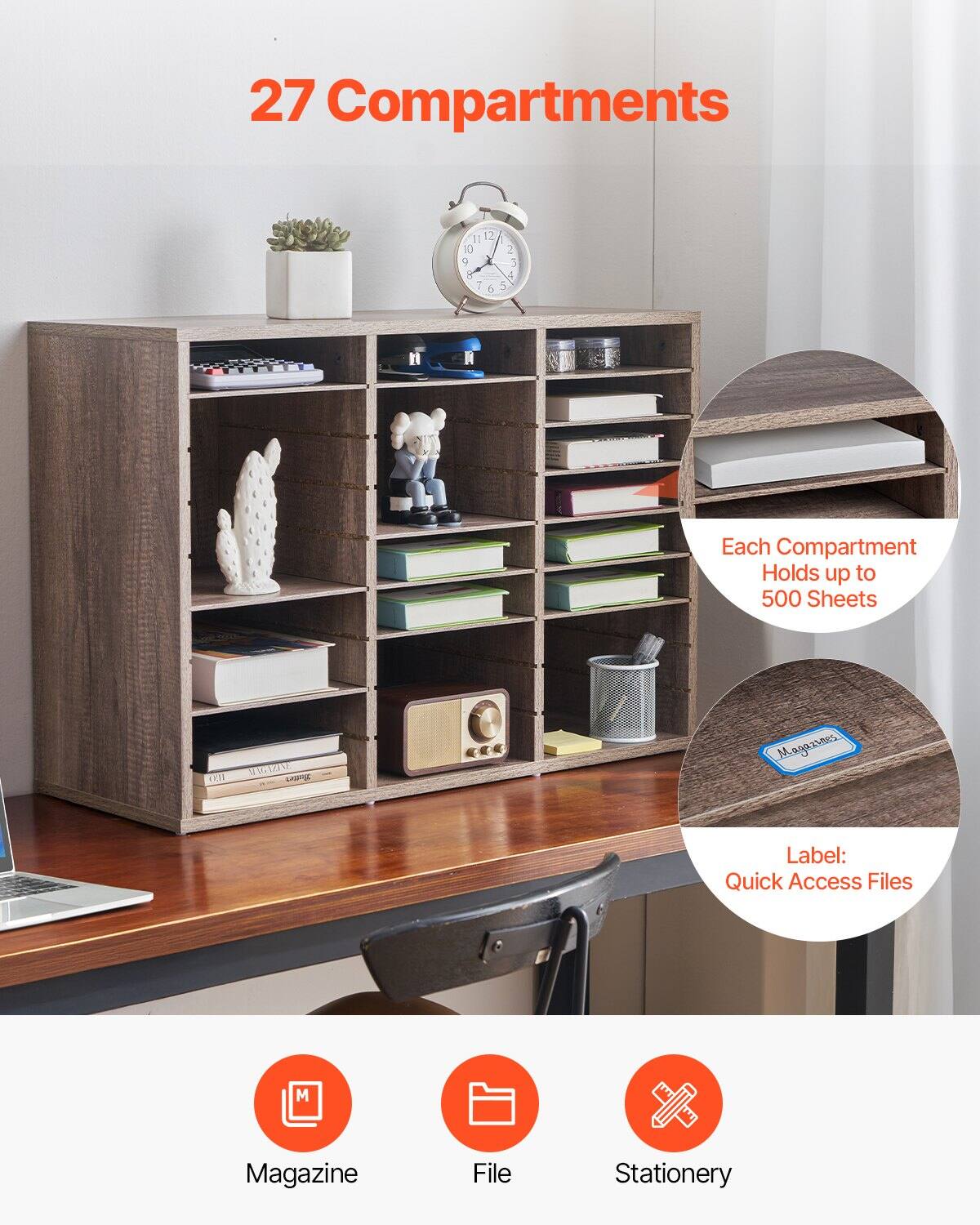 27 Compartments

Each Compartment Holds up to 500 Sheets

Label: Quick Access Files

Magazine
File
Stationery
