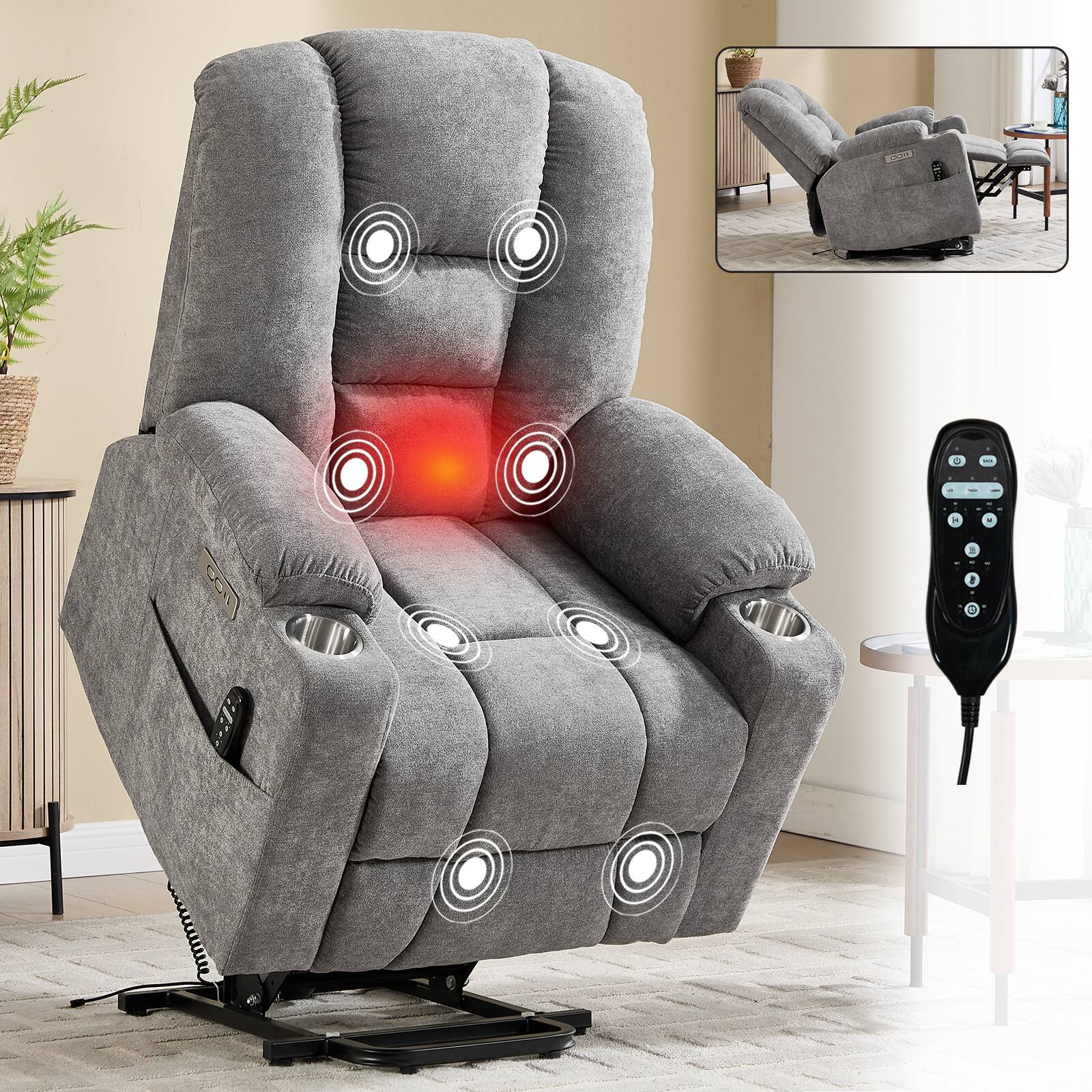Left. Akoasm - Power Lift Massage Chair with Heat, Overstuffed Wide Recliner Chair, USB and Type C Ports, 2 Cup Holders-Light Grey - Light Grey.