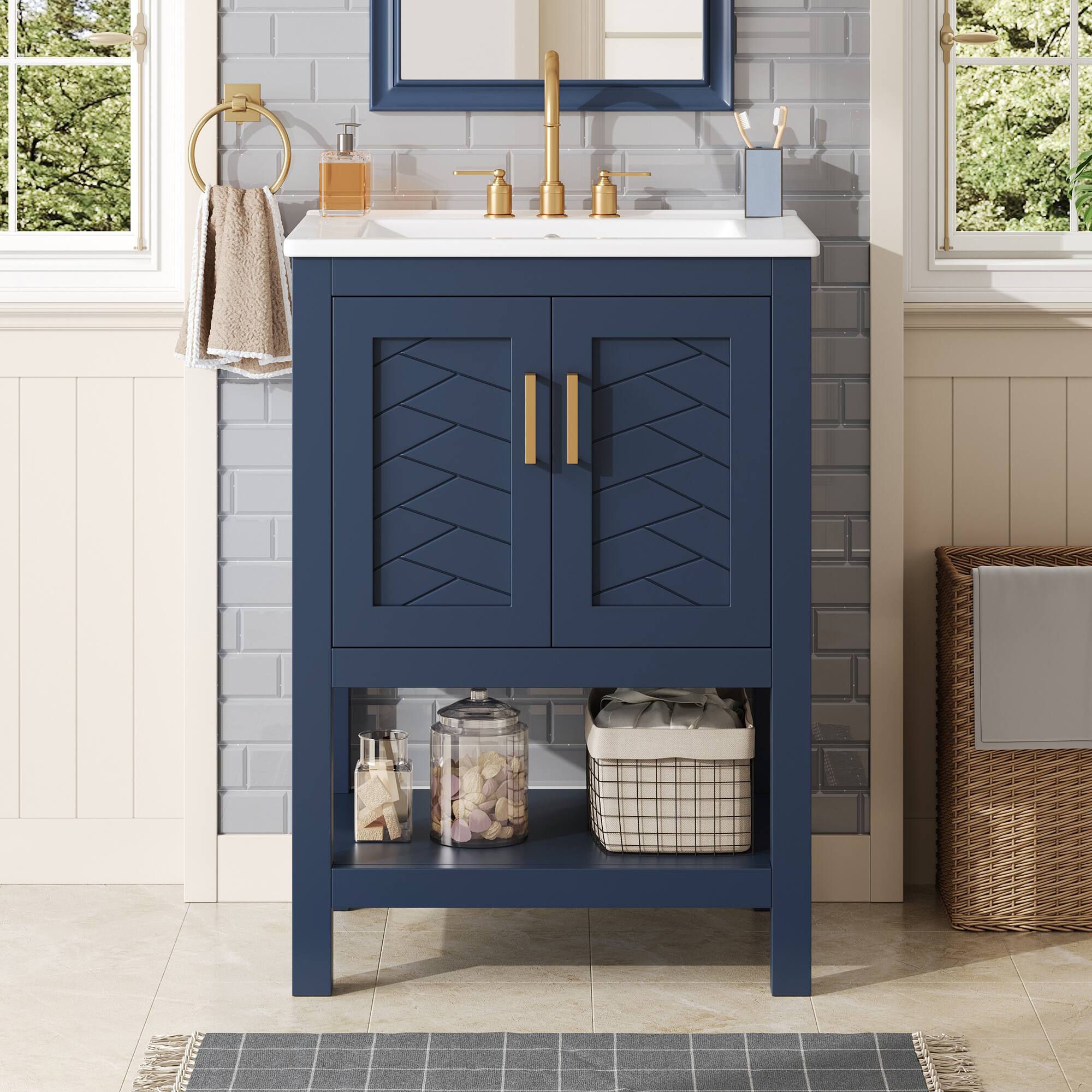 Angle. Whisen - 24" Modern Bathroom Vanity Cabinet with Sink Adjustable Shelf and Soft-Close Hinges Storage - Blue.