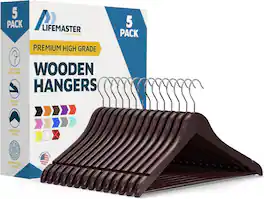 Lifemaster - Wooden Clothes Hangers – 5-Pack, 360° Swivel Hook, Non-Slip Notch, Pants Bar, Holds 10 lbs, for Suits, Coats & Dresses - Cherry