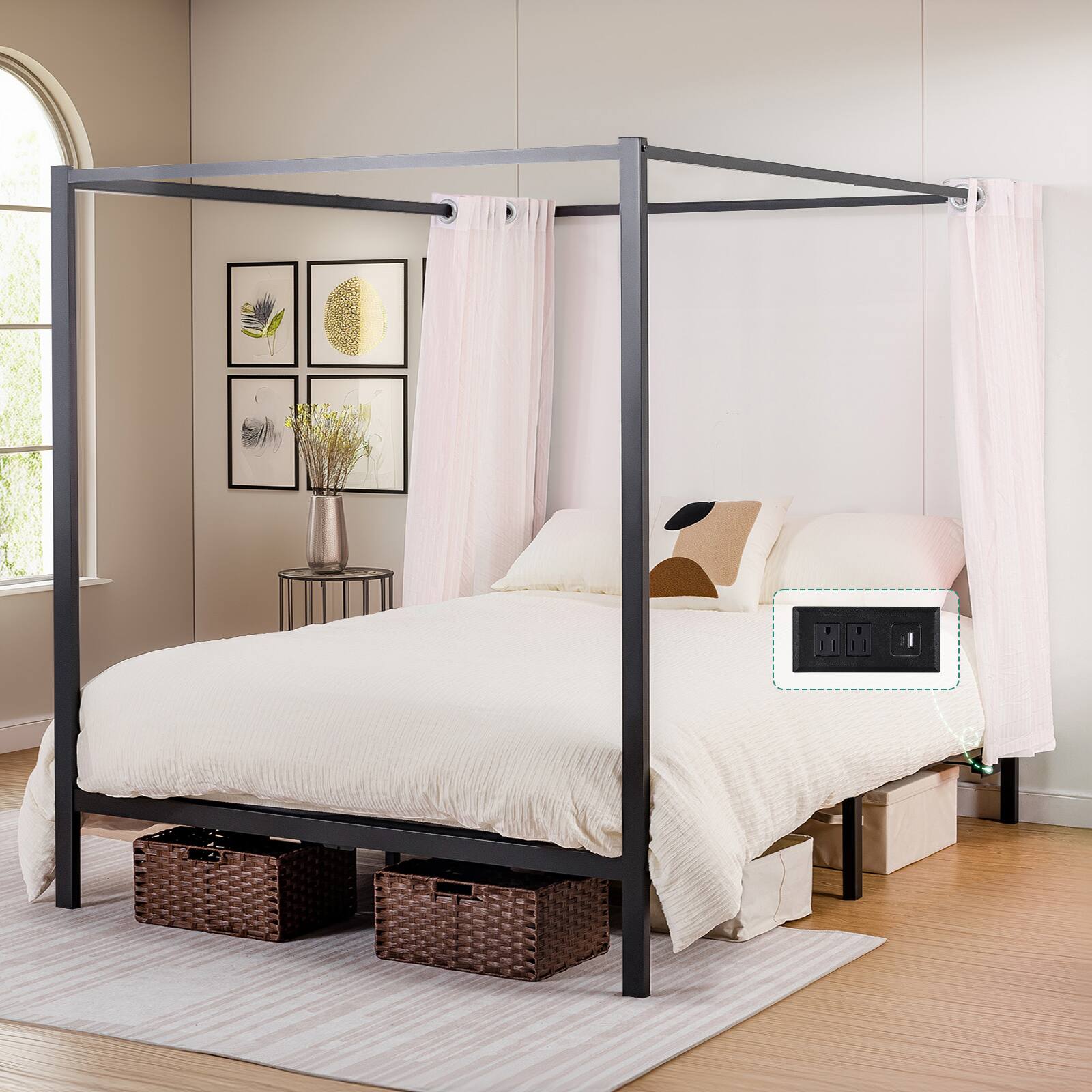 Alt View 5. GTPlayer - King Canopy Bed Frame with Movable Charging Station Metal Bed Frames - Black.