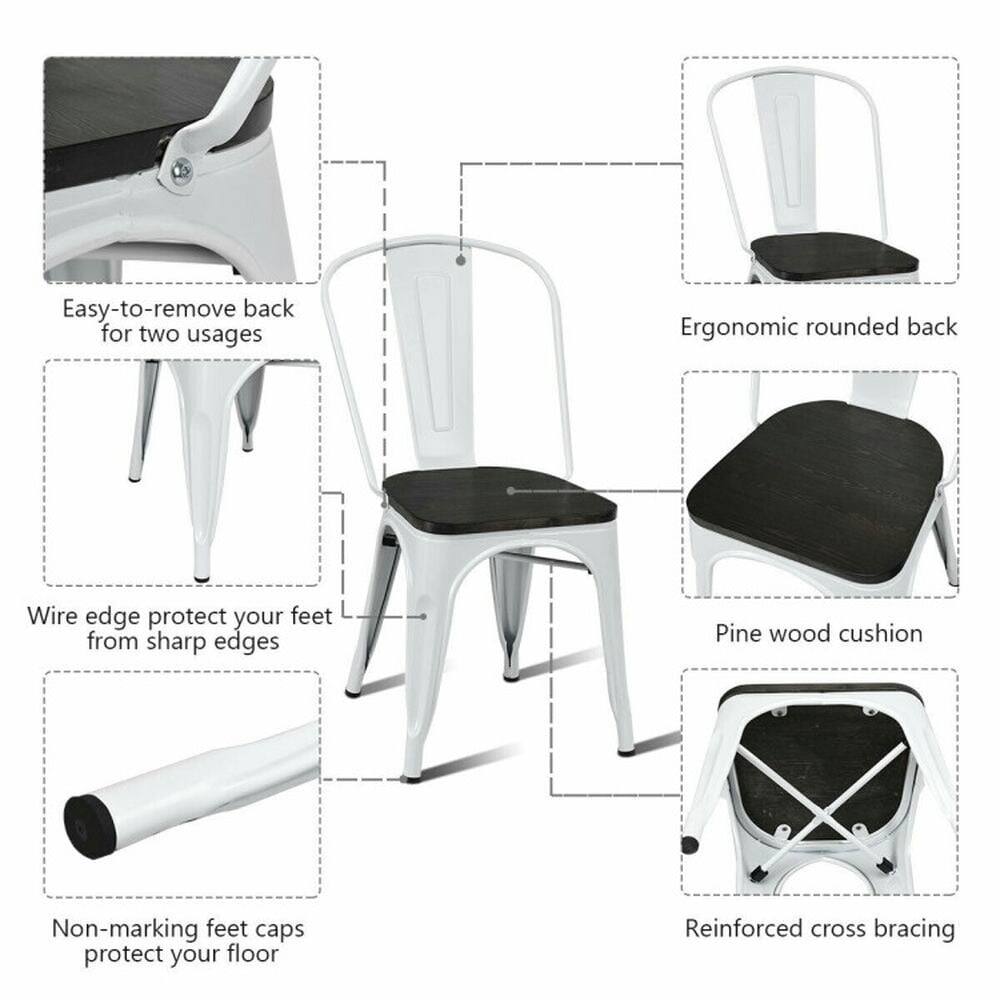 Easy-to-remove back for two usages  
Ergonomic rounded back  
Wire edge protect your feet from sharp edges  
Pine wood cushion  
Non-marking feet caps protect your floor  
Reinforced cross bracing