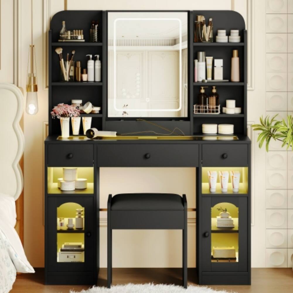 Alt View 2. LUCKY ONE - 43.2" Vanity Desk w/ LED Mirror RGB Glass Cabinets 3 Drawers & Stool - Black.