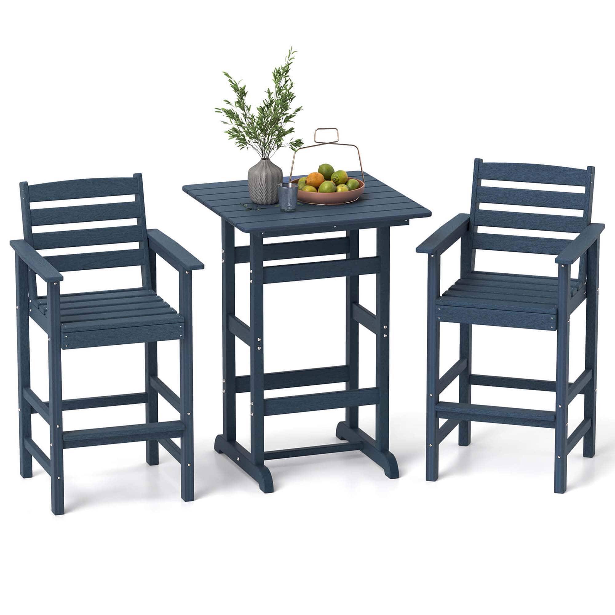 Costway - 3-Piece Patio HDPE Bar Set Armchairs with Square High-Top Table Footrest & Backrest - Navy