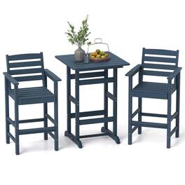 Costway - 3-Piece Patio HDPE Bar Set Armchairs with Square High-Top Table Footrest & Backrest - Navy