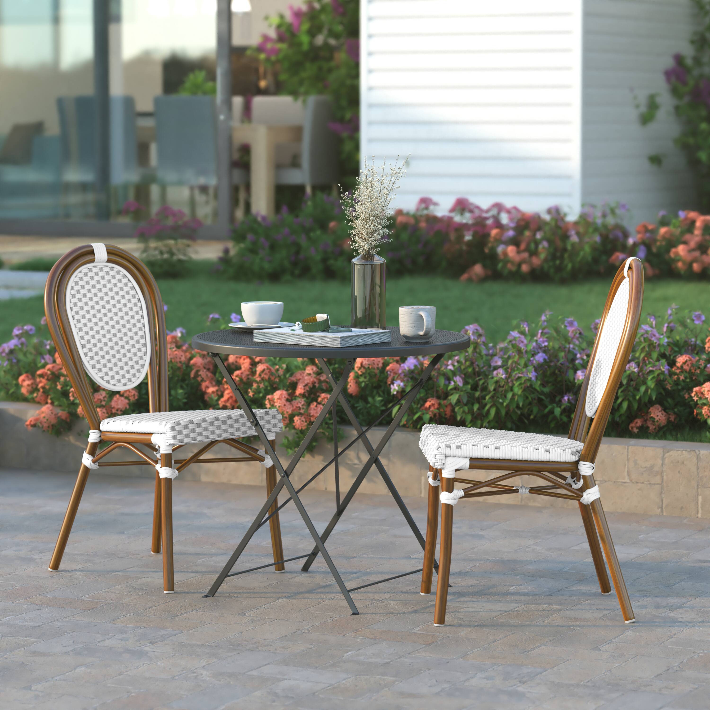 Alt View 3. Emma + Oliver - Reims Indoor/Outdoor Stacking Thonet Bistro Style Chair with PE Cane Rattan Seat and Finished Metal Frame - Natural/White Frame.