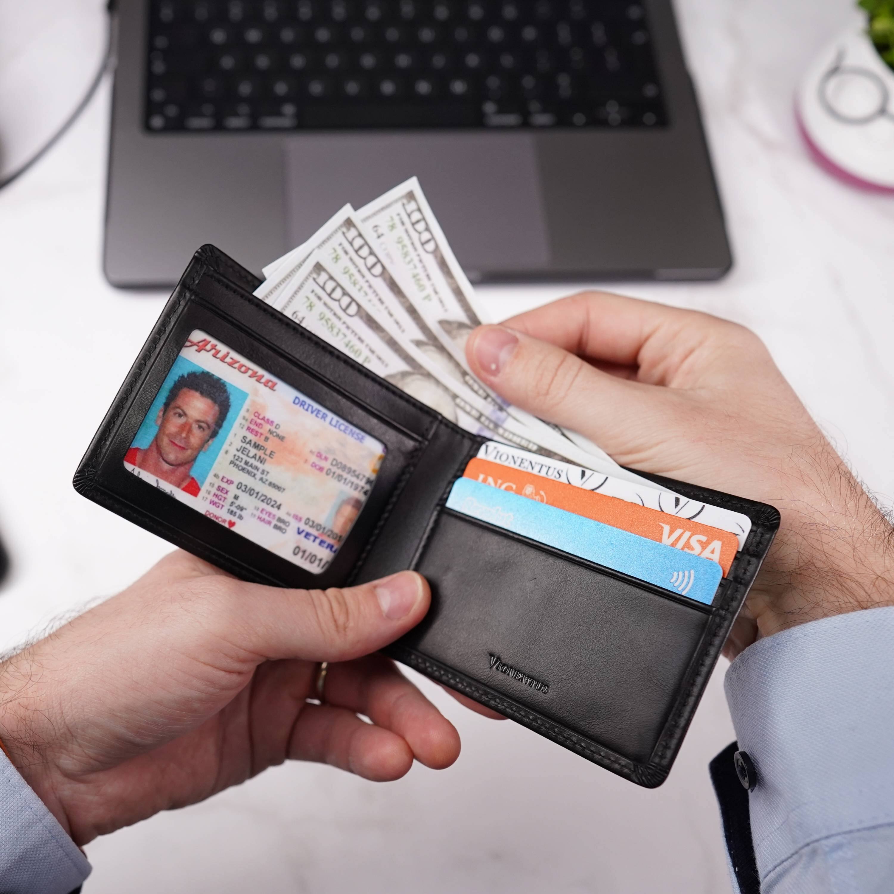 Sure, here is the corrected and grouped text from the image:

---

**Arizona Driver License**

- **Name:** Jelani Sample
- **Address:** 12345 E. Main St., Phoenix, AZ 85001
- **Date of Birth:** 01/01/1914
- **Expiration Date:** 03/01/2024
- **License Number:** 0123456789
- **Height:** 5'10"
- **Weight:** 180 lbs
- **Eye Color:** Brown
- **Hair Color:** Black
- **Issued:** 01/01/2014
- **Veteran:** Yes

**Credit Cards:**

- **VISA**
- **VISA**

**Cash:**

- $100
- $100
- $100
- $100
- $100
- $100
- $100
- $100
- $100
- $100
- $100
- $100
- $