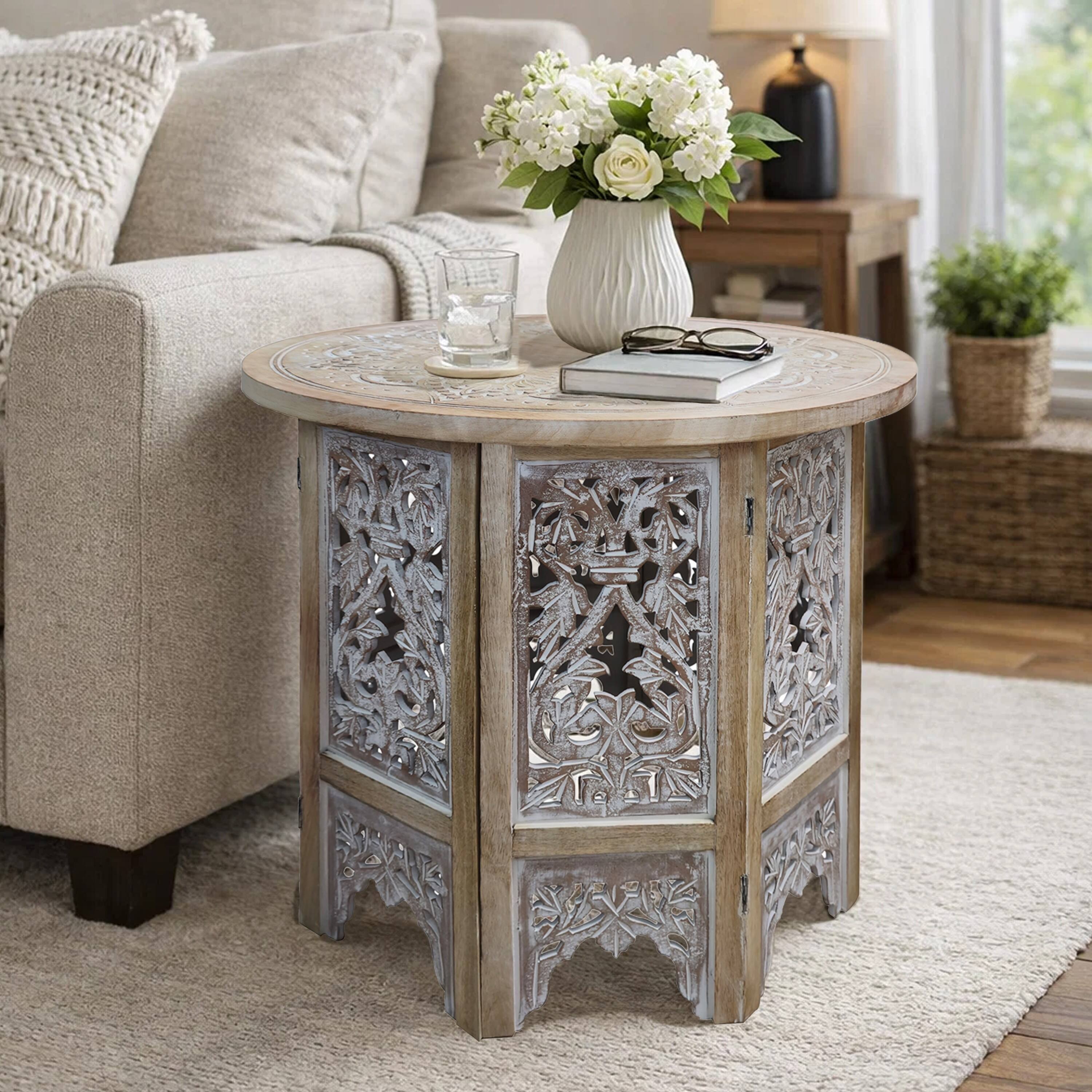 Alt View 8. Manhattan Lane - Accent Side Table, 24 Inch Round Top, Mango Wood Floral Cut Out Carved Motifs - Natural Brown, Washed White.