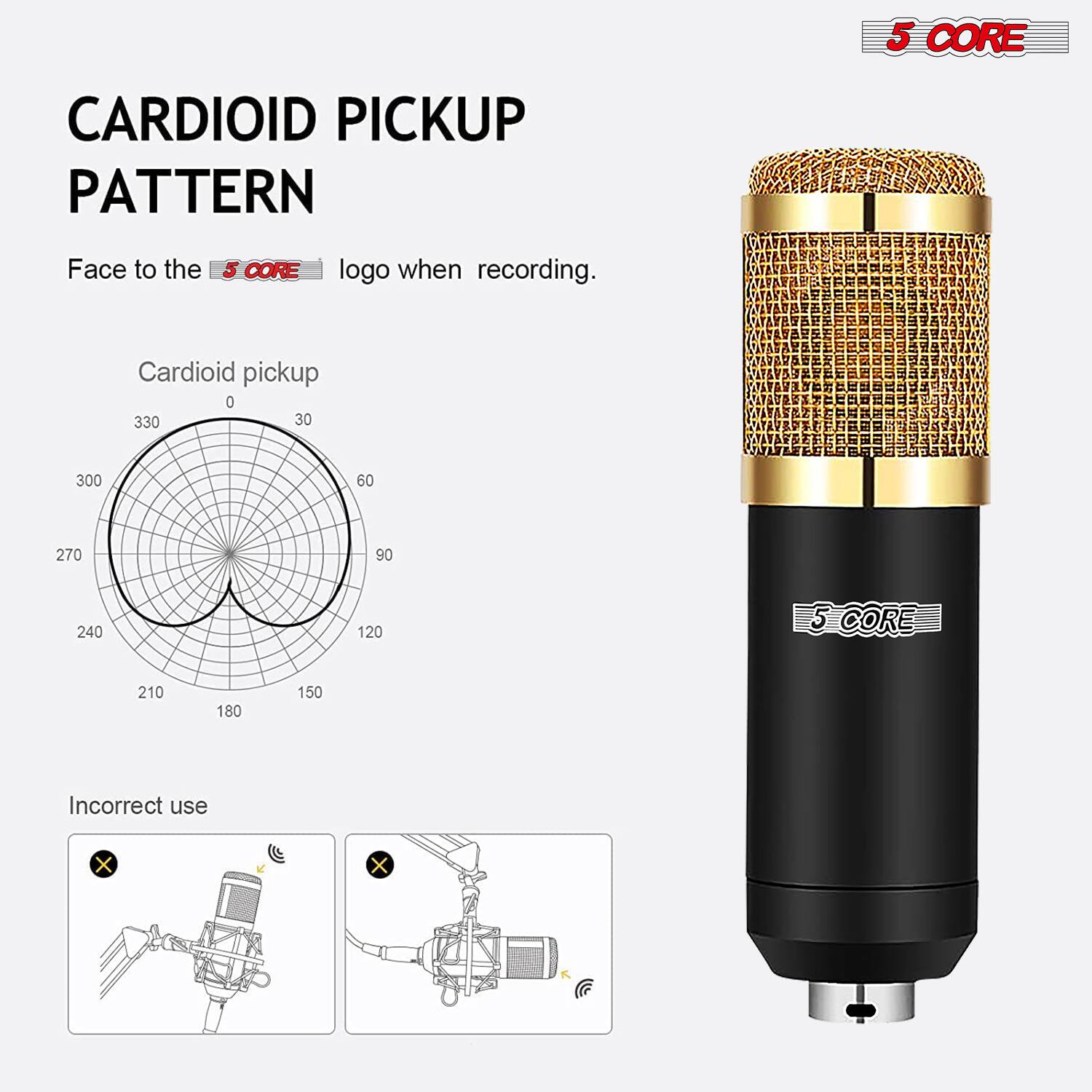 CARDIOID PICKUP PATTERN

Face to the 5 CORE logo when recording.

Cardioid pickup

Incorrect use