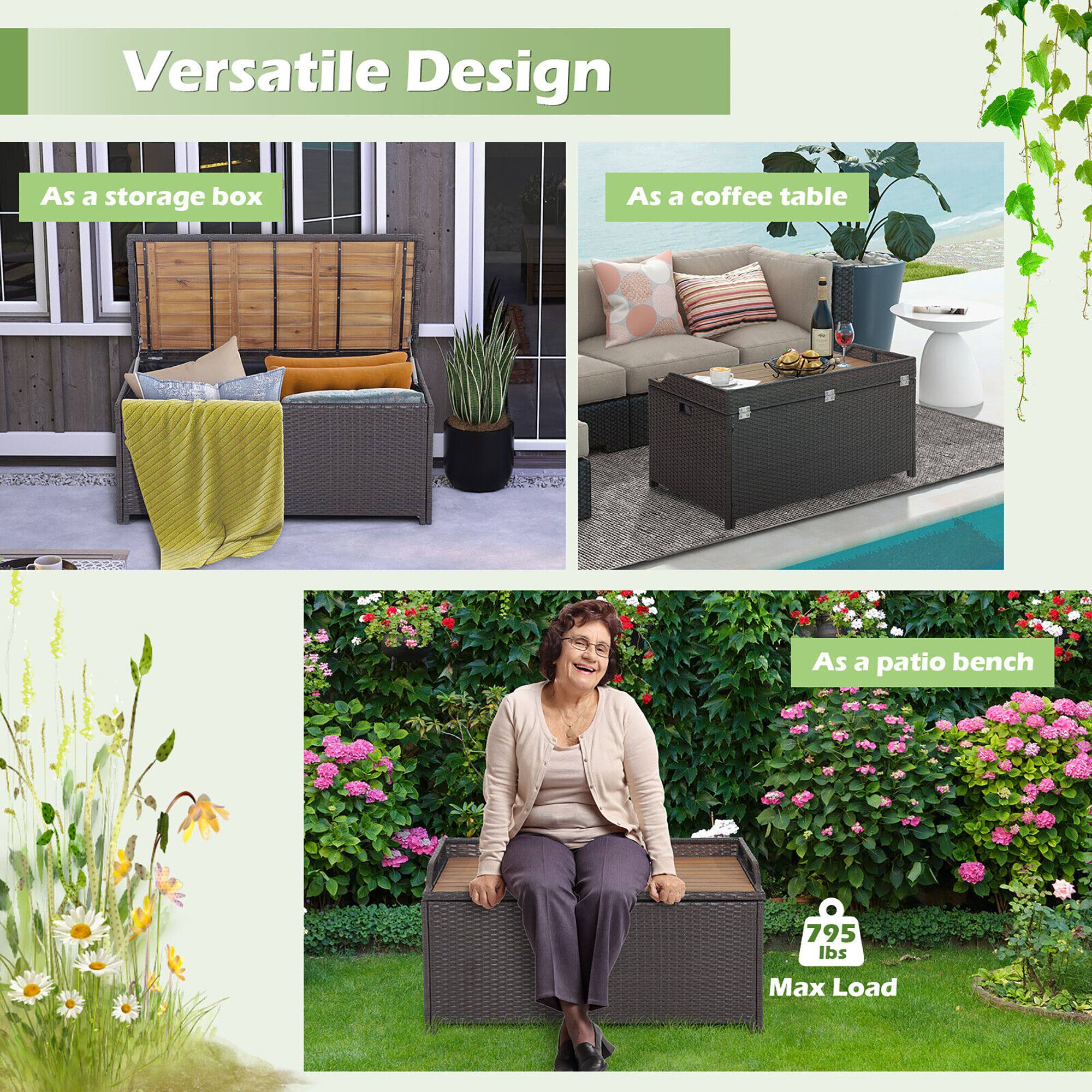 Versatile Design

- As a storage box
- As a coffee table
- As a patio bench

795 lbs Max Load